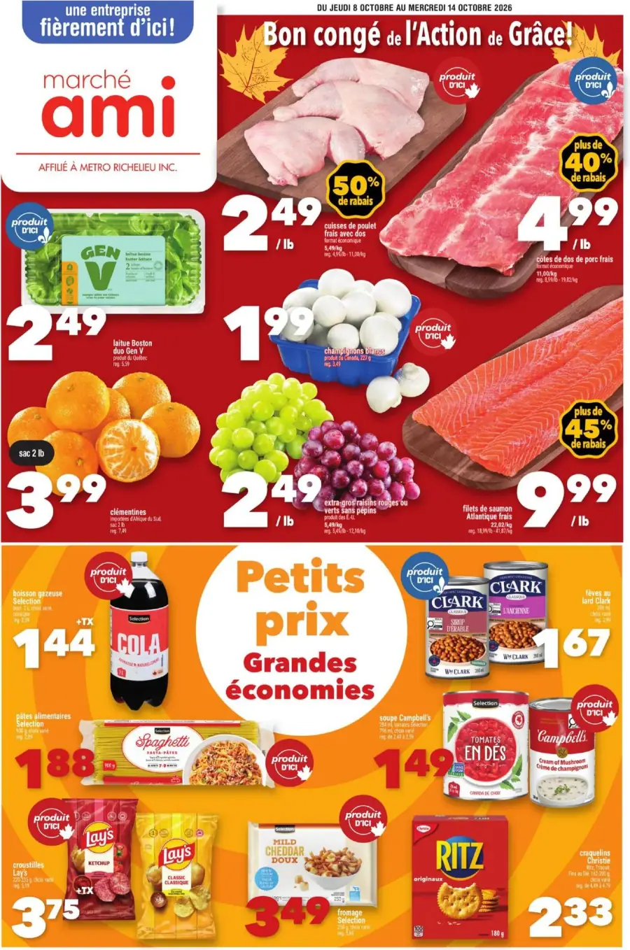 La page de couverture de la circulaire Marché Ami présente une ambiance automnale chaleureuse, mettant en avant des produits frais et des promotions attractives. On y trouve des viandes comme des cuisses de poulet et des côtes de porc, ainsi que des fruits tels que des clémentines et des raisins. Les promotions incluent des réductions significatives sur certains articles, comme 50 % sur les cuisses de poulet. Des produits de base, comme des pâtes et des soupes, sont également mis en avant, soulignant les petites économies à réaliser.