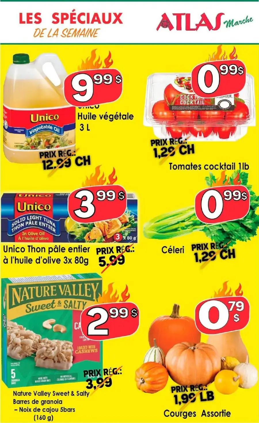La page de couverture de la circulaire du Marché Atlas présente une ambiance dynamique et colorée, mettant en avant des produits alimentaires variés. Les catégories incluent des huiles, des légumes frais, des conserves et des collations. On y trouve des promotions sur l'huile végétale Unico, des tomates cocktail, du céleri, du thon en conserve, des barres granola Nature Valley, ainsi que des courges assorties, toutes à prix réduits.