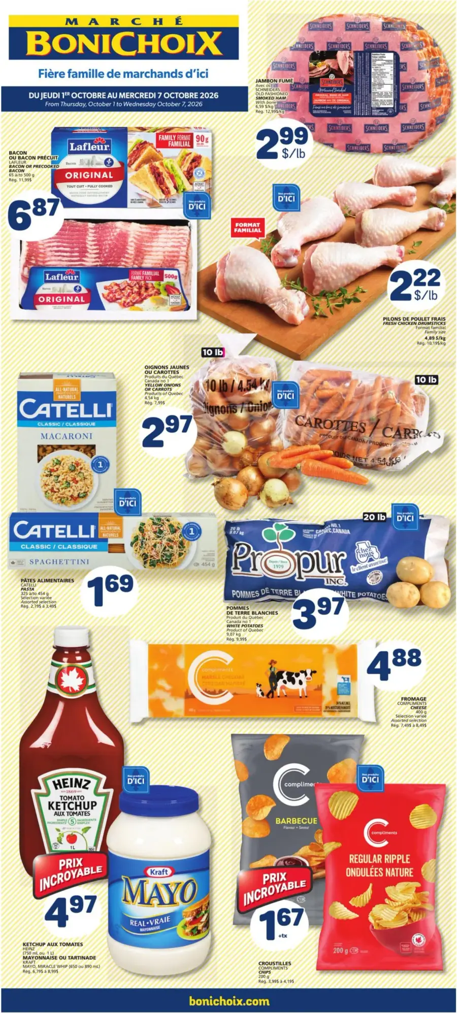 La page de couverture de la circulaire du Marché Bonichoix présente une ambiance accueillante et familiale, mettant en avant des produits frais et des essentiels d'épicerie. Les catégories incluent la viande, les légumes, les pâtes et les condiments. On y trouve des promotions sur le bacon, les pilons de poulet, les oignons jaunes, ainsi que des pâtes et des croustilles. Les prix sont clairement affichés, attirant l’attention sur les offres avantageuses.