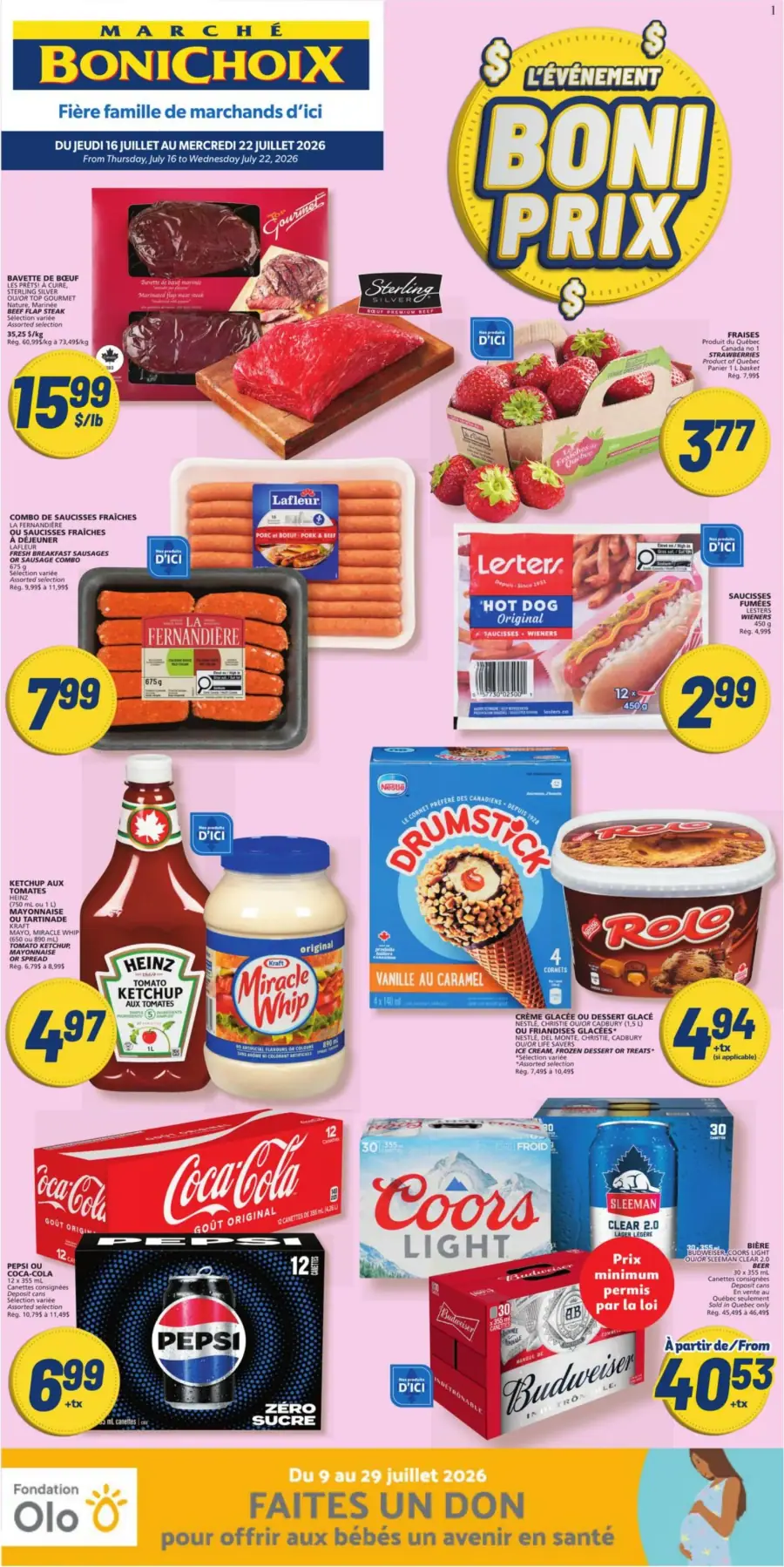 La page de couverture de la circulaire Marché Bonichoix présente une ambiance colorée et accueillante, mettant en avant divers produits alimentaires. On y trouve des viandes, des saucisses, des condiments, des boissons gazeuses et des desserts glacés. Parmi les promotions notables, on remarque des fraises à 3,77 $, des saucisses à 7,99 $ et des glaces Drumstick à 4,94 $. L'événement "Boni Prix" est également mis en avant, ajoutant une touche festive à l'ensemble.