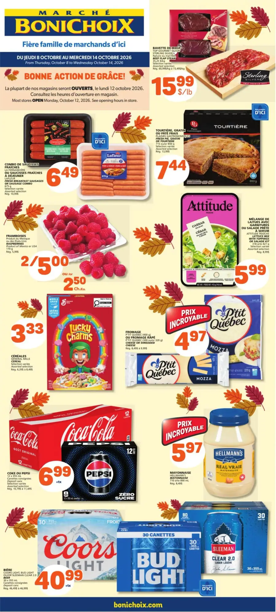 La page de couverture de la circulaire Marché Bonichoix présente une ambiance automnale avec des feuilles et des couleurs chaudes. Les catégories de produits mises en avant incluent les viandes, les produits laitiers, les légumes frais, les céréales et les boissons. Parmi les promotions notables, on trouve des saucisses à 6,49 $, des framboises à 2,50 $ et du fromage P'tit Québec à 4,97 $. Les offres sont clairement visibles, attirant l'attention sur les produits locaux et les prix avantageux.