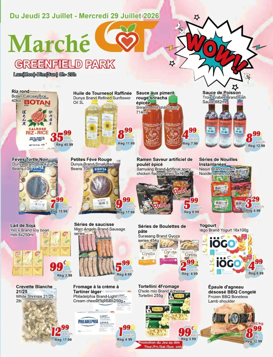 La page de couverture de la circulaire du Marché C&T de Greenfield Park présente une ambiance colorée et dynamique, mettant en avant une variété de produits alimentaires. On y trouve des catégories telles que les grains, les sauces, les nouilles instantanées et les produits laitiers. Parmi les promotions notables, on remarque l'huile de tournesol raffinée, la sauce sriracha et les gyozas, tous à des prix réduits. Des visuels attrayants et des offres spéciales ajoutent à l'attrait de cette circulaire.