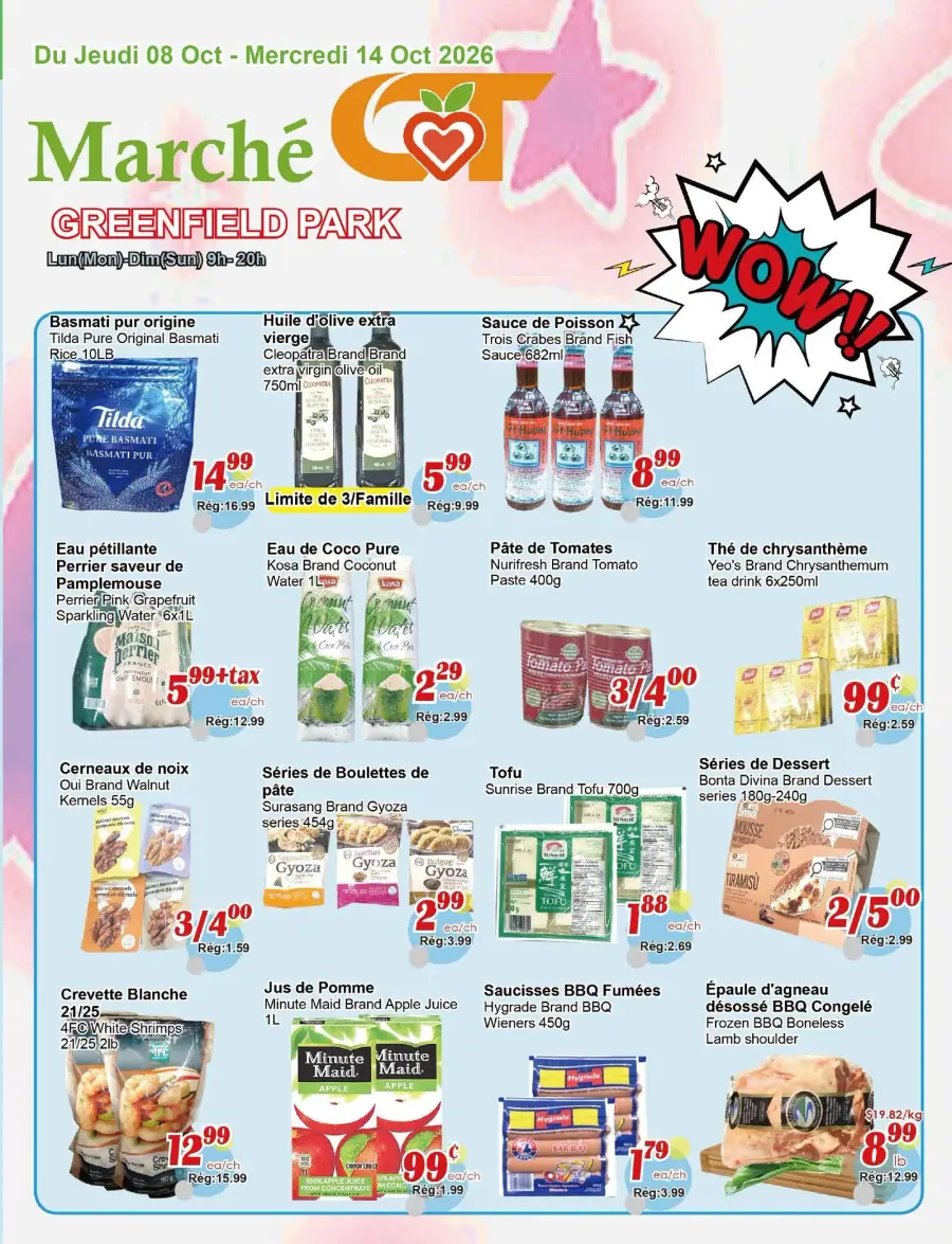 La page de couverture de la circulaire du Marché C&T de Greenfield Park présente une ambiance colorée et dynamique, avec un fond aux motifs étoilés. Les catégories de produits mises en avant incluent les grains, les sauces, les boissons, et les produits surgelés. On y trouve des promotions sur le riz basmati, l'huile d'olive, ainsi que des sauces et des pâtes. Des offres spécifiques comme les crevettes blanches et les saucisses BBQ sont également mises en avant, attirant l'attention sur des choix variés pour les repas.