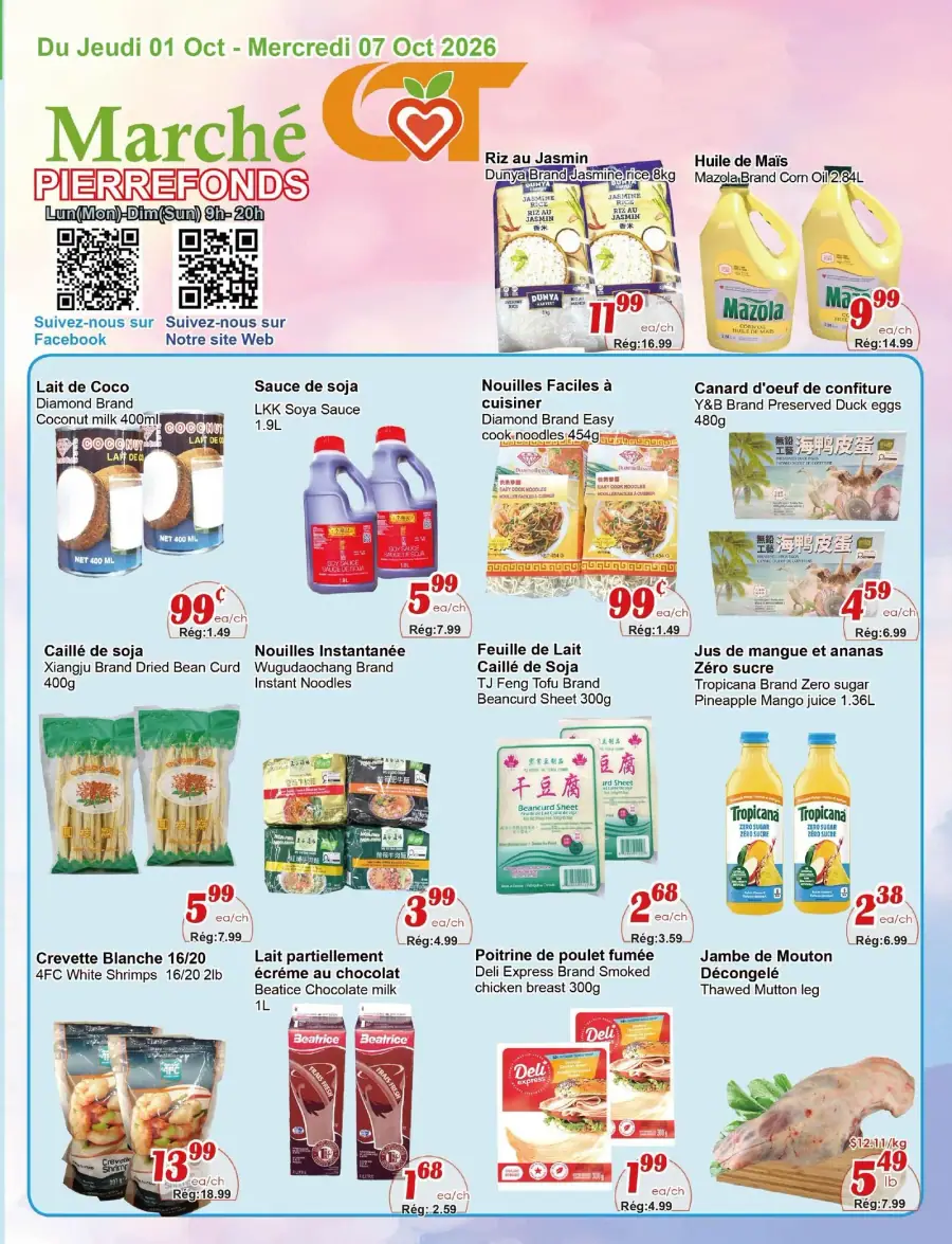 La page de couverture de la circulaire Marché C&T présente une ambiance colorée et accueillante, mettant en avant une variété de produits alimentaires. On y trouve des catégories telles que les produits asiatiques, les produits laitiers et les viandes. Parmi les promotions notables, on remarque le lait de coco, les nouilles instantanées et les crevettes blanches, tous à des prix attractifs. Des images appétissantes accompagnent les descriptions, créant une invitation à découvrir les offres de la semaine.