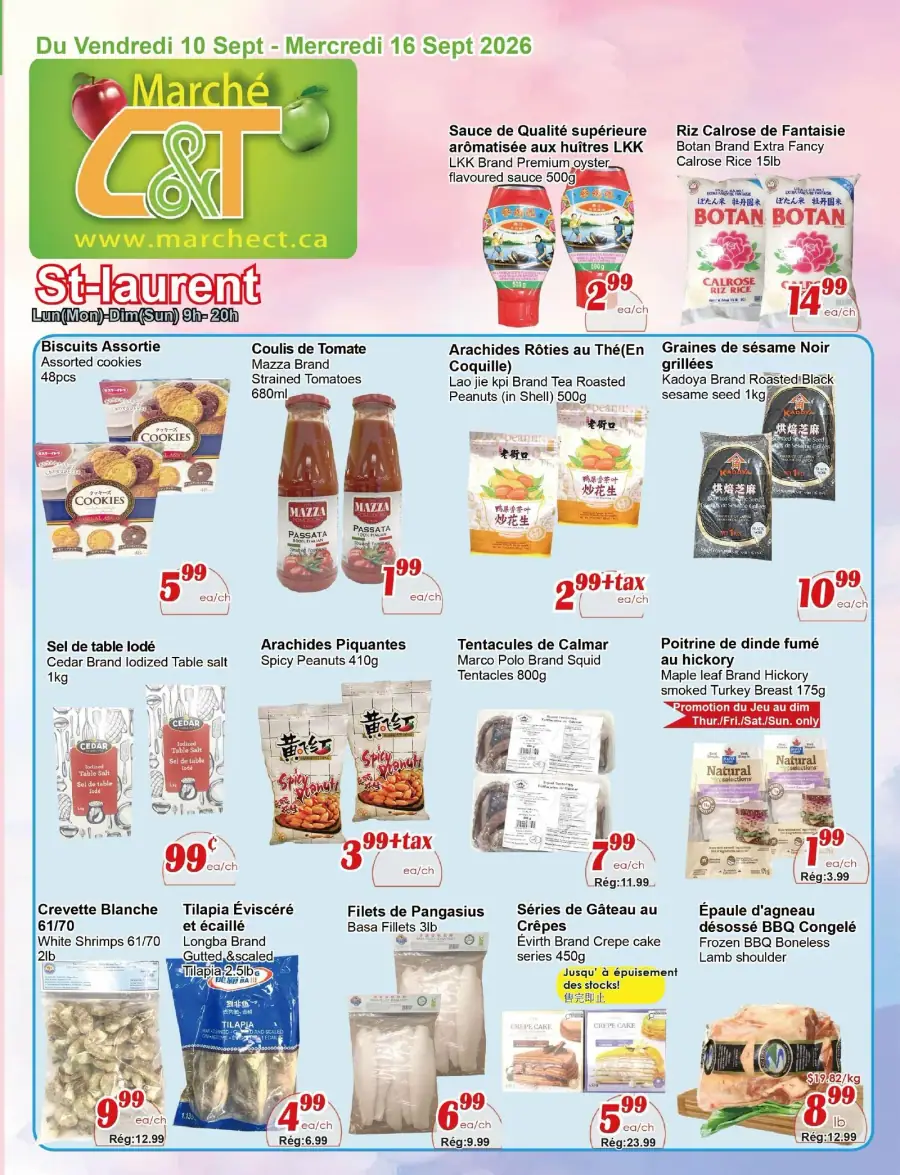 La page de couverture de la circulaire du Marché C&T St-Laurent présente une ambiance colorée et accueillante, mettant en avant une variété de produits alimentaires. On y trouve des catégories telles que les biscuits, les sauces, les fruits de mer et les produits asiatiques. Parmi les promotions importantes, on note des arachides rôties, des tentacules de calmar et des filets de pangasius, attirant l’attention avec des prix réduits. Les images des produits sont claires et appétissantes, renforçant l’attrait de l’offre.