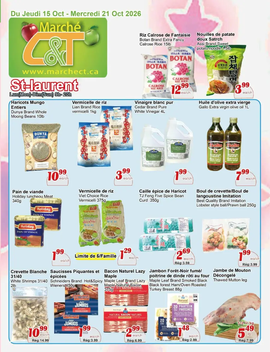 La page de couverture de la circulaire Marché C&T présente une ambiance colorée et accueillante, mettant en avant une variété de produits alimentaires. On y trouve des catégories telles que les céréales, les sauces, et les viandes. Parmi les promotions visibles, on note le riz Calrose de Fantaisie, les nouilles de patate douce, et le vinaigre blanc pur, tous à prix réduits. Des produits comme les haricots mungo et le pain de viande sont également mis en avant, soulignant la diversité de l'offre.