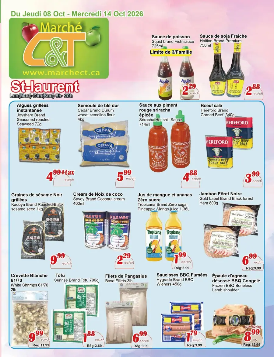 La page de couverture de la circulaire du Marché C&T présente une ambiance colorée et accueillante, mettant en avant une variété de produits alimentaires. Les catégories incluent des sauces, des produits de la mer, des viandes, et des ingrédients asiatiques. On y trouve des sauces comme la sauce de poisson et la sauce sriracha, ainsi que des produits comme des crevettes blanches et du tofu. Des promotions notables incluent des réductions sur des articles variés, attirant l’attention des clients sur des offres intéressantes.