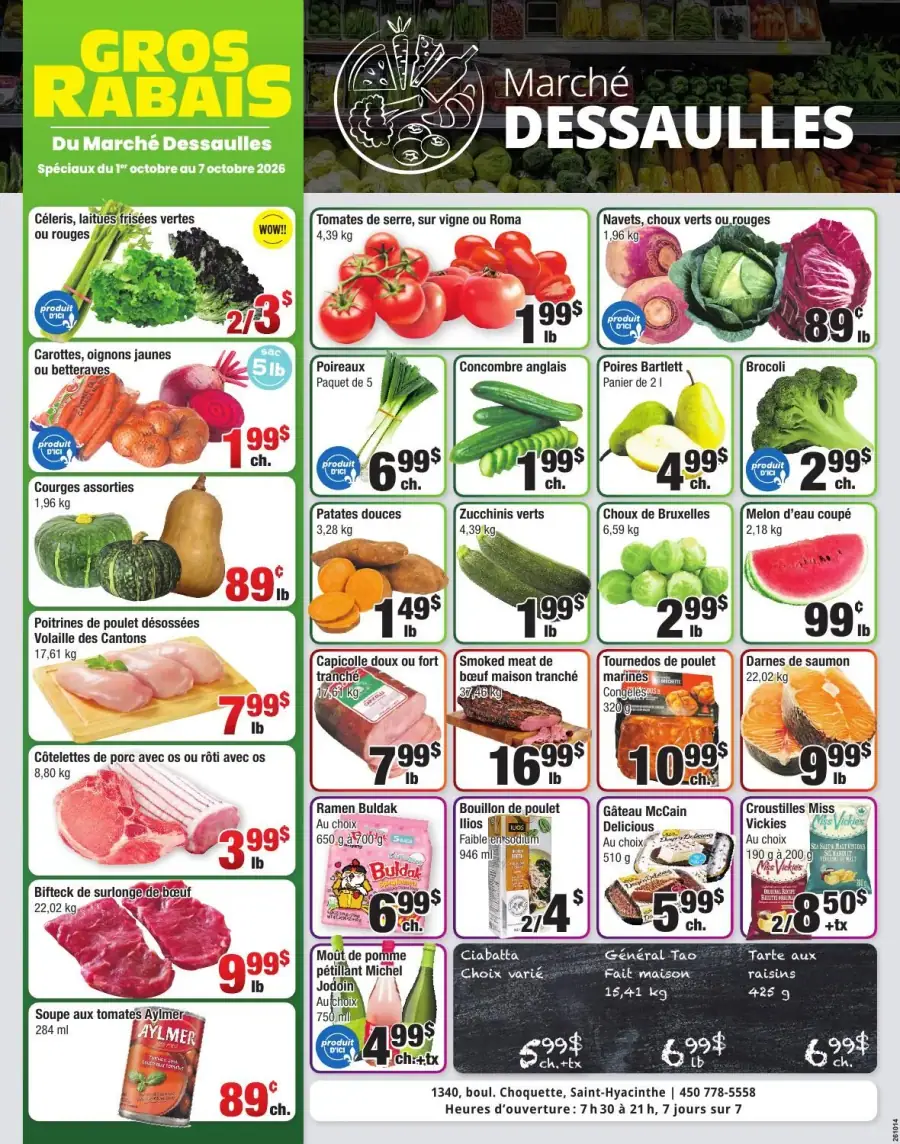 La page de couverture de la circulaire du Marché Dessaulles présente une ambiance colorée et dynamique, mettant en avant une variété de produits frais. Les catégories de produits incluent des fruits et légumes, des viandes, des produits de boulangerie et des articles de consommation courante. Parmi les promotions visibles, on trouve des tomates, des poireaux, ainsi que des poitrines de poulet et des côtelettes de porc, toutes affichant des prix attractifs. L'ensemble crée une invitation à découvrir les bonnes affaires de la semaine.