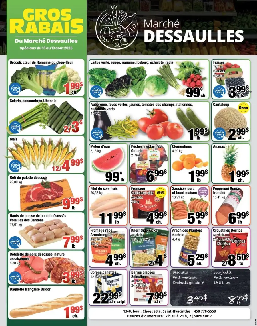 La couverture de la circulaire du Marché Dessaulles présente une ambiance dynamique et colorée, mettant en avant une variété de produits frais. Les catégories de produits incluent des fruits et légumes, des viandes, des produits laitiers et des articles d'épicerie. Parmi les promotions notables, on trouve des laitues à 99 ¢, des fraises à 3,99 $ et des côtelettes de porc à 3,99 $ lb. Des visuels attrayants renforcent l'attrait des offres.