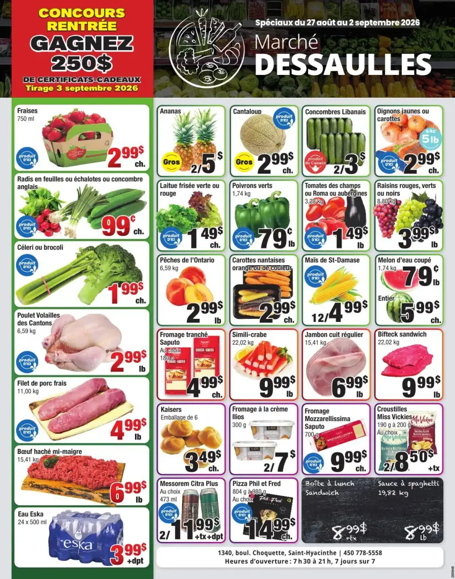 La page de couverture de la circulaire du Marché Dessaulles présente une ambiance colorée et attrayante, mettant en avant des produits frais et variés. On y trouve des fruits comme des fraises, des ananas et des cantaloups, ainsi que des légumes tels que des poivrons et des radis. Les promotions incluent des offres sur le poulet, le fromage et des produits de charcuterie. Un concours pour gagner des certificats-cadeaux est également annoncé, ajoutant une dimension interactive à la présentation.