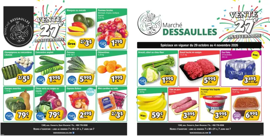 La page de couverture de la circulaire du Marché Dessaulles présente une ambiance festive pour célébrer son 27e anniversaire. On y trouve une variété de produits frais, notamment des fruits comme les pommes locales et des légumes tels que le brocoli et les poireaux. Les promotions mises en avant incluent le boeuf haché mi-maigre à 5,99 $ lb et l'eau Eska à 3,49 $ pour un pack de 24 bouteilles. Des prix attractifs sur des légumes variés et des produits laitiers sont également visibles.