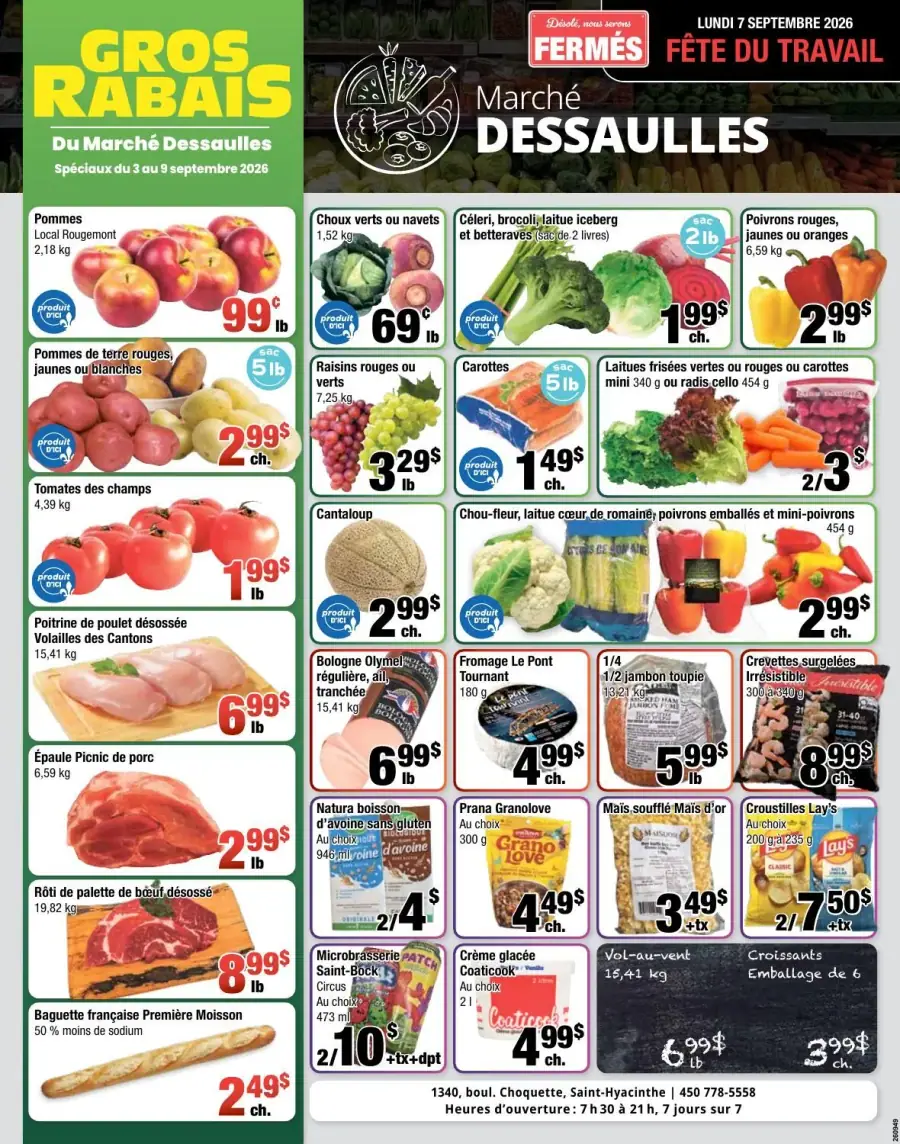 La page de couverture de la circulaire du Marché Dessaulles présente une ambiance dynamique et colorée, mettant en avant des promotions sur une variété de produits alimentaires. On y trouve des fruits frais comme les pommes et des légumes tels que les choux, le céleri et les carottes. Des offres intéressantes incluent des pommes à 99 ¢ lb et des poivrons à 2,99 ¢ lb. Les produits de viande et de charcuterie, ainsi que des options de produits laitiers, sont également bien représentés, attirant l’attention sur des rabais significatifs.