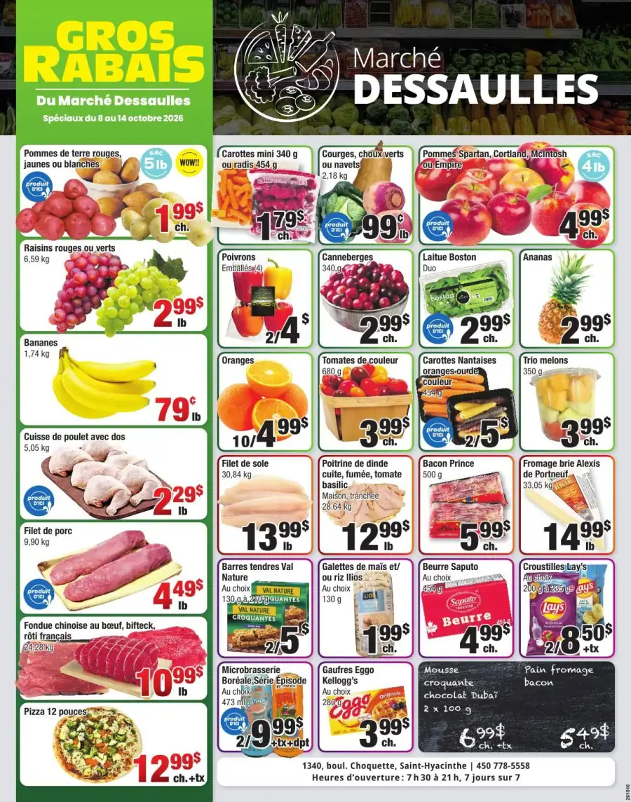 La page de couverture de la circulaire du Marché Dessaulles présente une ambiance dynamique et colorée, mettant en avant une variété de produits frais. On y trouve des fruits et légumes tels que des pommes, des raisins, et des carottes, avec des promotions attractives comme des pommes à 4,99 $ le sac de 4 lb. Les viandes et produits laitiers sont également bien représentés, avec des offres sur des cuisses de poulet et du fromage. Les prix sont clairement affichés, attirant l’attention sur les bonnes affaires.