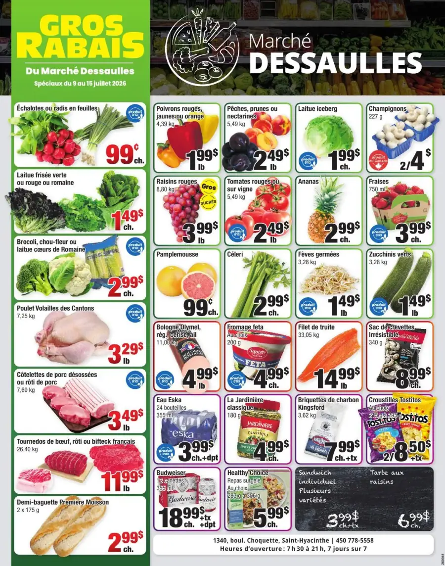 La page de couverture de la circulaire du Marché Dessaulles présente une ambiance colorée et dynamique, mettant en avant une variété de produits frais. On y trouve des fruits et légumes tels que des poivrons, des pêches, et des brocolis, ainsi que des viandes comme le poulet et le bœuf. Les promotions importantes incluent des rabais sur les légumes à feuilles et des fruits de saison, créant une invitation à profiter des produits locaux.