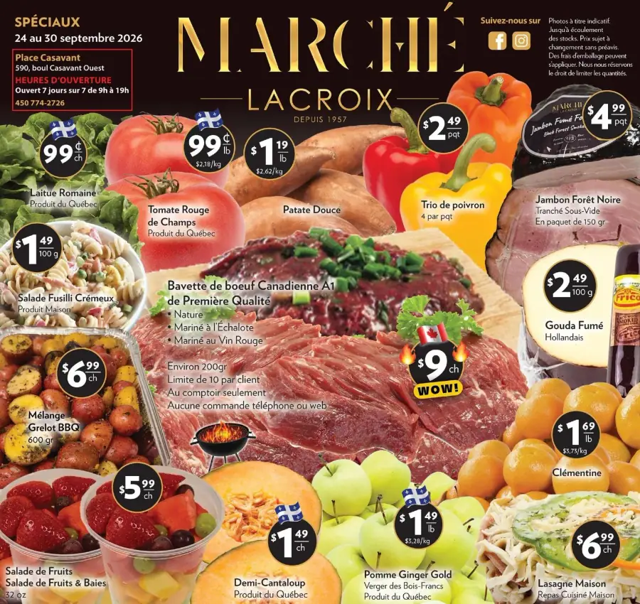 La page de couverture de la circulaire du Marché Lacroix présente une ambiance colorée et accueillante, mettant en avant des produits frais et locaux. On y retrouve des fruits et légumes variés, comme des tomates rouges, des poivrons, et des patates douces. Les promotions incluent des offres sur la viande, comme la bavette de bœuf canadienne, ainsi que des salades maison et des produits laitiers. Des prix attractifs sont affichés pour attirer l’attention des clients sur des produits de qualité.
