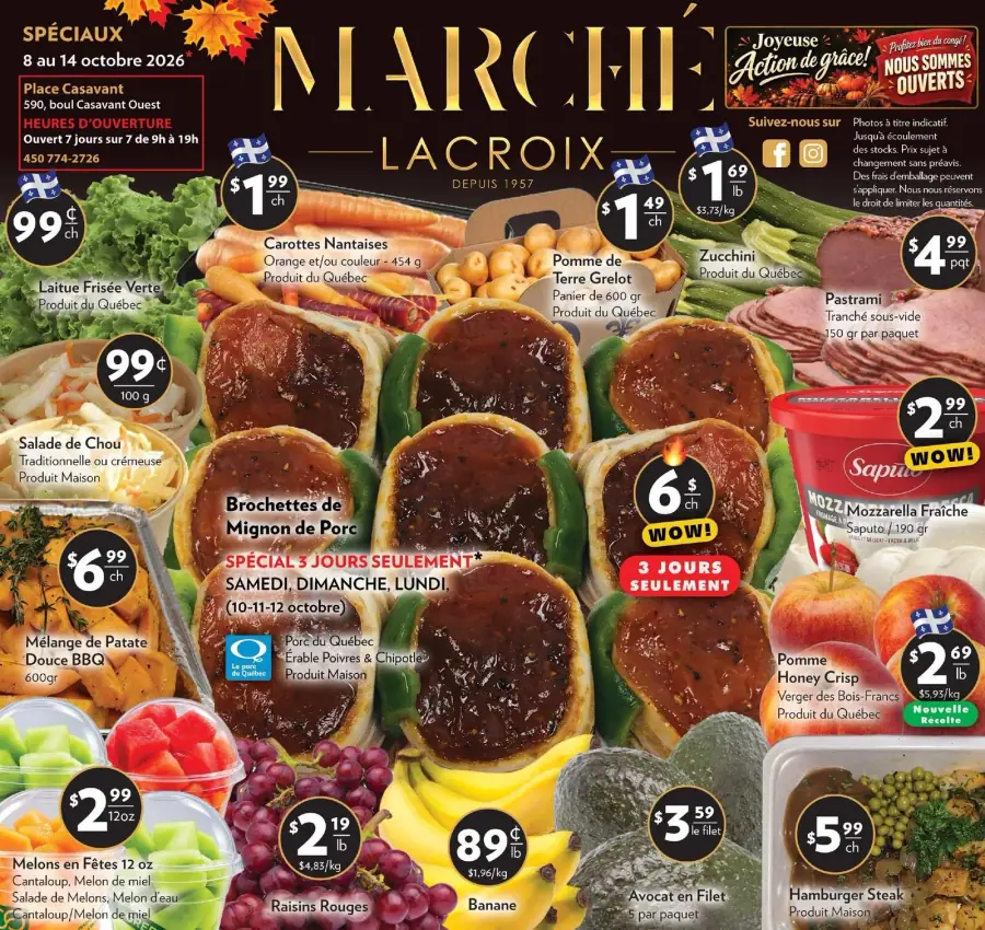 La page de couverture de la circulaire Marché Lacroix présente une ambiance automnale chaleureuse, mettant en avant une variété de produits frais. Les catégories incluent les fruits et légumes, les viandes et les plats préparés. On y trouve des carottes nantaises, des brochettes de mignon de porc en promotion pour trois jours, ainsi que des melons en fête et des avocats. Les promotions sont clairement indiquées, attirant l’attention sur des offres spéciales et des produits locaux.