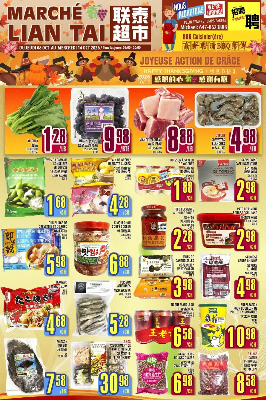 La page de couverture de la circulaire du Marché Lian Tai présente une ambiance festive, célébrant l'Action de grâce. On y trouve une variété de produits frais et asiatiques, comme des légumes (yu choy), des fruits (raisins Kiyoh), et des viandes (viande d'agneau). Les promotions incluent des crevettes blanches à 4,98 $/lb et des dumplings à 5,98 $/ch. Des produits asiatiques variés comme le kimchi et le tofu fermenté sont également mis en avant.