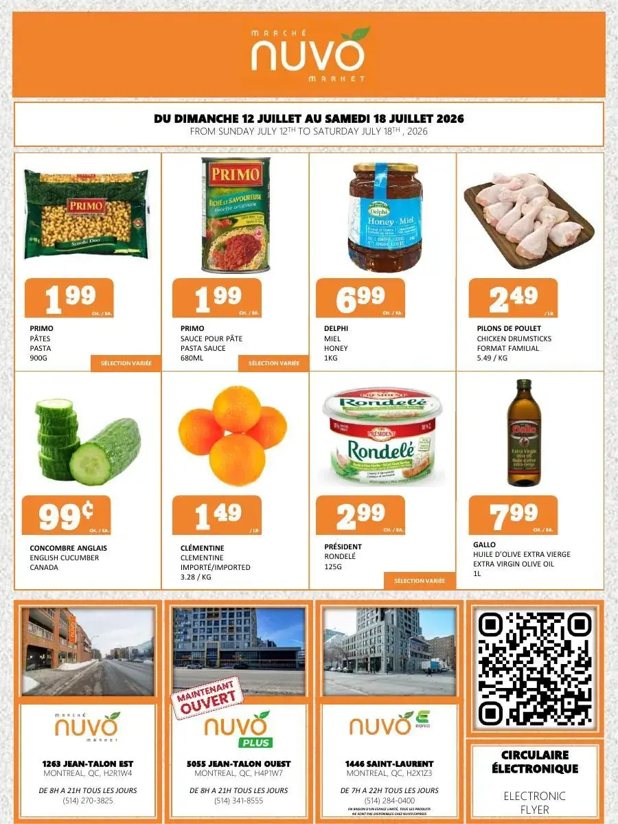 La page de couverture de la circulaire du Marché Nuvo présente une ambiance conviviale et accueillante, mettant en avant une sélection variée de produits alimentaires. On y trouve des pâtes, des sauces, du miel, des pilons de poulet, ainsi que des fruits et légumes frais comme des concombres et des clémentines. Les promotions importantes incluent des prix attractifs sur ces articles, soulignant l’accessibilité des produits. Des informations sur les emplacements des magasins et leurs heures d'ouverture sont également visibles.