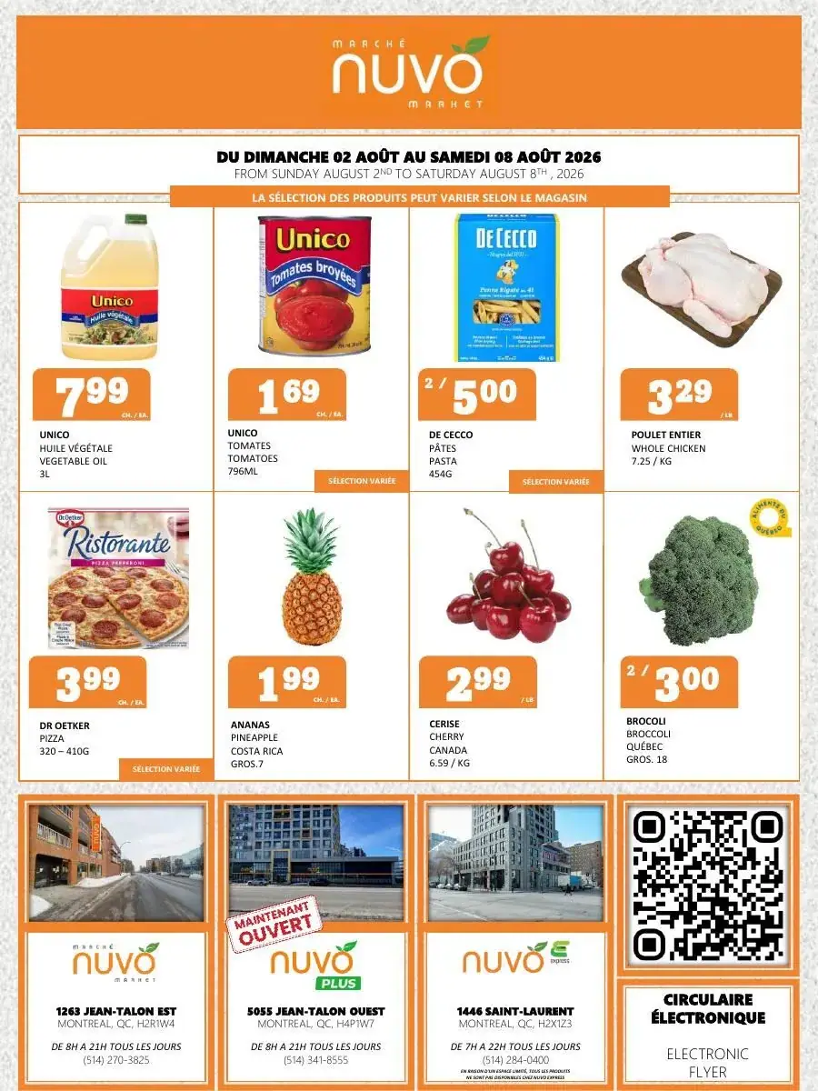La page de couverture de la circulaire Marché Nuvo présente une ambiance accueillante et colorée, mettant en avant une sélection variée de produits alimentaires. On y trouve des catégories telles que les huiles, les tomates en conserve, les pâtes, les viandes, ainsi que des fruits et légumes frais. Parmi les promotions notables, on remarque l'huile végétale Unico à 7,99 $, des tomates broyées Unico à 1,69 $, et des brocolis à 2 pour 3,00 $. Des images attrayantes illustrent chaque produit, renforçant l'attrait visuel de l'ensemble.