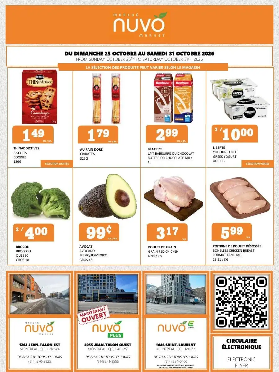 La page de couverture de la circulaire du Marché Nuvo présente une ambiance accueillante et moderne, mettant en avant une sélection variée de produits alimentaires. Les catégories incluent des biscuits, du pain, des produits laitiers, des fruits et légumes, ainsi que des viandes. Parmi les promotions visibles, on trouve des biscuits Thinaddictives à 1,49 $, des avocats à 0,99 $ chacun, et du poulet de grain à 3,17 $ par livre. Cette mise en page claire et colorée attire l’attention sur les offres spéciales de la semaine.