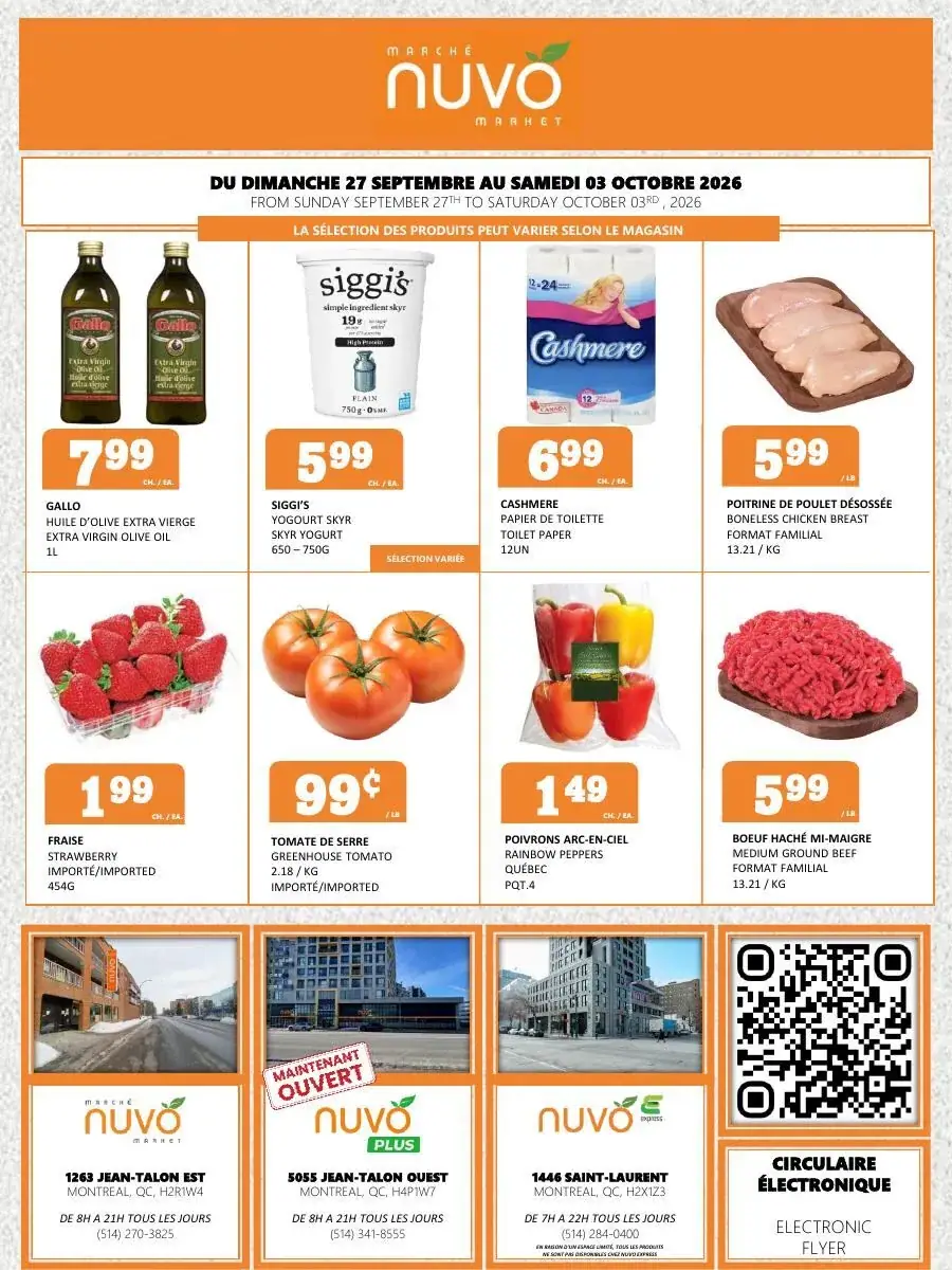 La page de couverture de la circulaire du Marché Nuvo présente une ambiance accueillante et colorée, mettant en avant une sélection variée de produits alimentaires et de consommation courante. On y trouve des fruits frais comme des fraises et des tomates, des produits laitiers tels que le yogourt Siggi's, ainsi que des articles ménagers comme le papier de toilette Cashmere. Les promotions importantes incluent des prix attractifs sur la viande, avec des offres sur la poitrine de poulet désossée et le bœuf haché. Des informations sur les heures d'ouverture des magasins sont également visibles, renforçant l'accessibilité pour les clients.