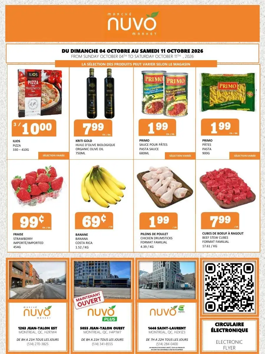 La page de couverture de la circulaire du Marché Nuvo présente une ambiance conviviale et accessible, mettant en avant une variété de produits alimentaires. On y trouve des promotions sur des articles tels que des pizzas Ilios, de l'huile d'olive Kriti Gold, et des sauces pour pâtes Primo. Des fruits frais comme des fraises et des bananes sont également mis en avant, ainsi que des viandes, notamment des pilons de poulet et des cubes de bœuf à ragoût. Les prix sont clairement affichés, attirant l'attention sur les bonnes affaires disponibles.