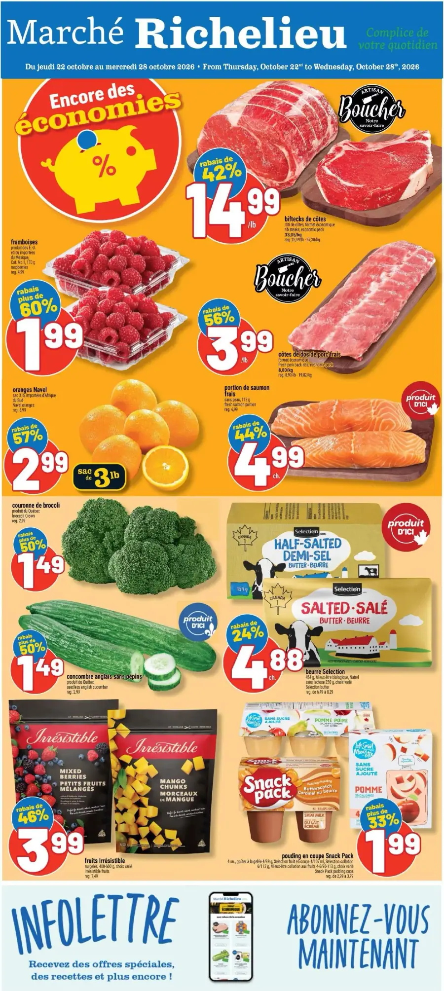 La page de couverture de la circulaire Marché Richelieu présente une ambiance dynamique et colorée, mettant en avant des produits frais et variés. On y trouve des fruits comme des framboises et des oranges, ainsi que des viandes telles que des biftecks et du saumon. Les promotions sont mises en évidence, avec des rabais allant jusqu'à 60%. Des produits laitiers et des légumes complètent l'offre, attirant l'attention sur les économies à réaliser.
