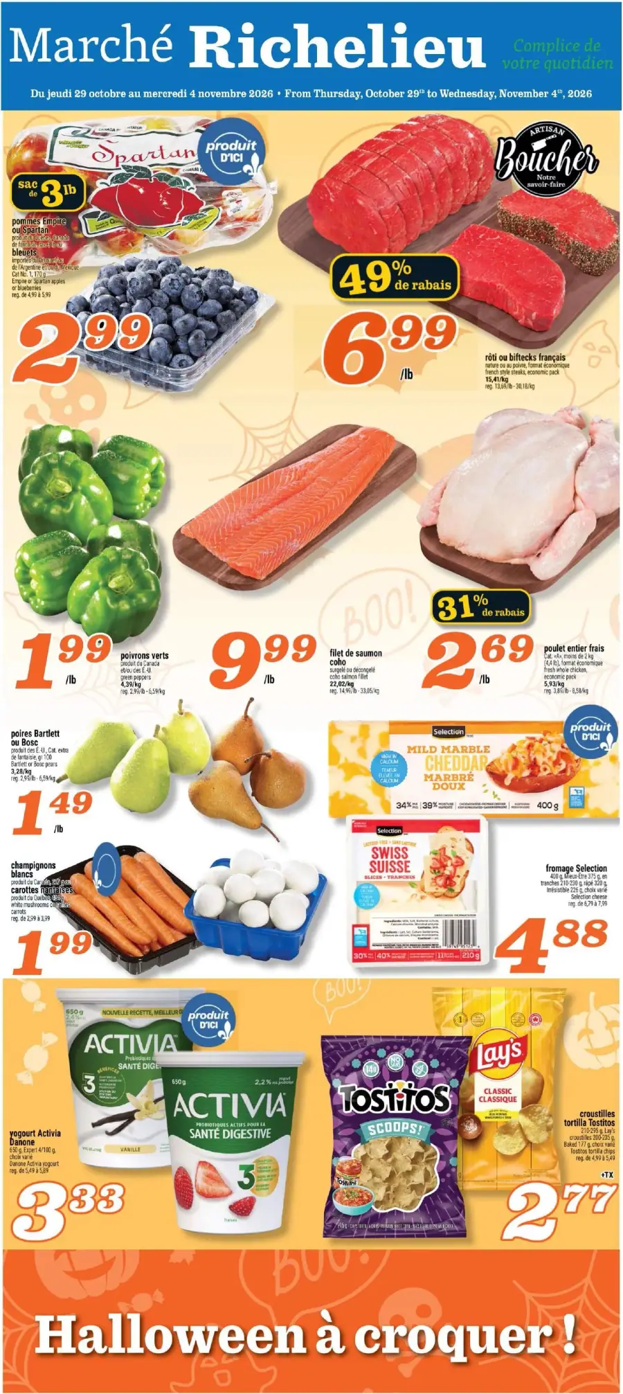 La page de couverture de la circulaire du Marché Richelieu présente une ambiance festive, mettant en avant des produits frais et variés. Les catégories incluent les fruits et légumes, les viandes, les produits laitiers et des collations. On y trouve des pommes, des bleuets, du poulet entier, du saumon, ainsi que des produits comme le fromage et des croustilles. Des promotions notables affichent des rabais allant jusqu'à 49 % sur certains articles, soulignant l'attrait des offres pour les clients.