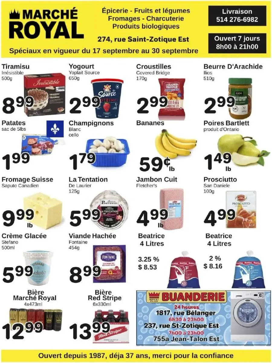 La couverture de la circulaire du Marché Royal présente une ambiance dynamique et colorée, mettant en avant une variété de produits alimentaires. Les catégories incluent des fruits et légumes frais, des produits laitiers, de la charcuterie, et des boissons. On y trouve des promotions sur des articles comme le yogourt Yoplait, les bananes, et le jambon cuit. Les prix sont clairement affichés, soulignant les bonnes affaires disponibles jusqu'au 30 septembre.