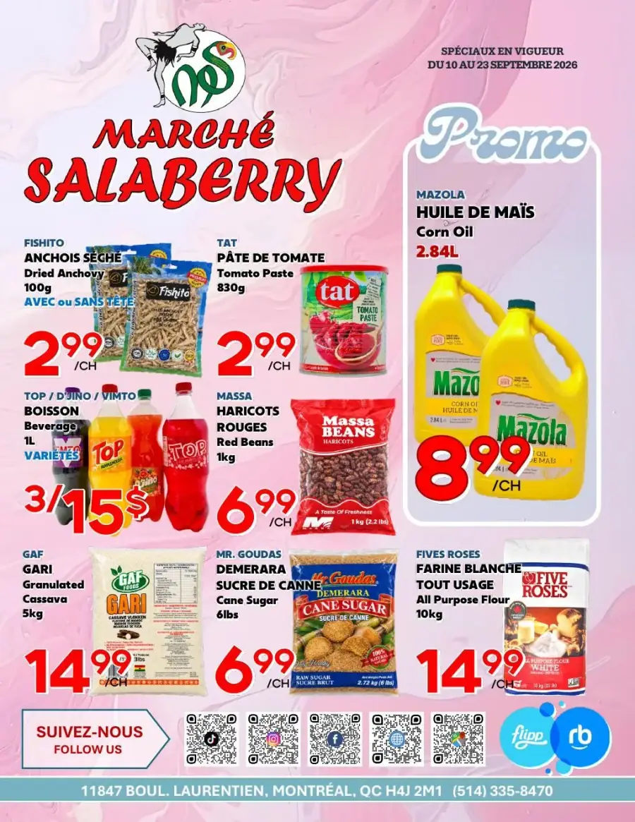 La page de couverture de la circulaire du Marché Salaberry présente une ambiance dynamique et colorée, mettant en avant divers produits alimentaires. On y trouve des catégories telles que les conserves, les légumineuses, les huiles et les farines. Parmi les promotions visibles, on note les anchois séchés, la pâte de tomate, et l'huile de maïs Mazola, ainsi que des boissons variées. Les prix sont clairement affichés, attirant l’attention sur les offres spéciales.