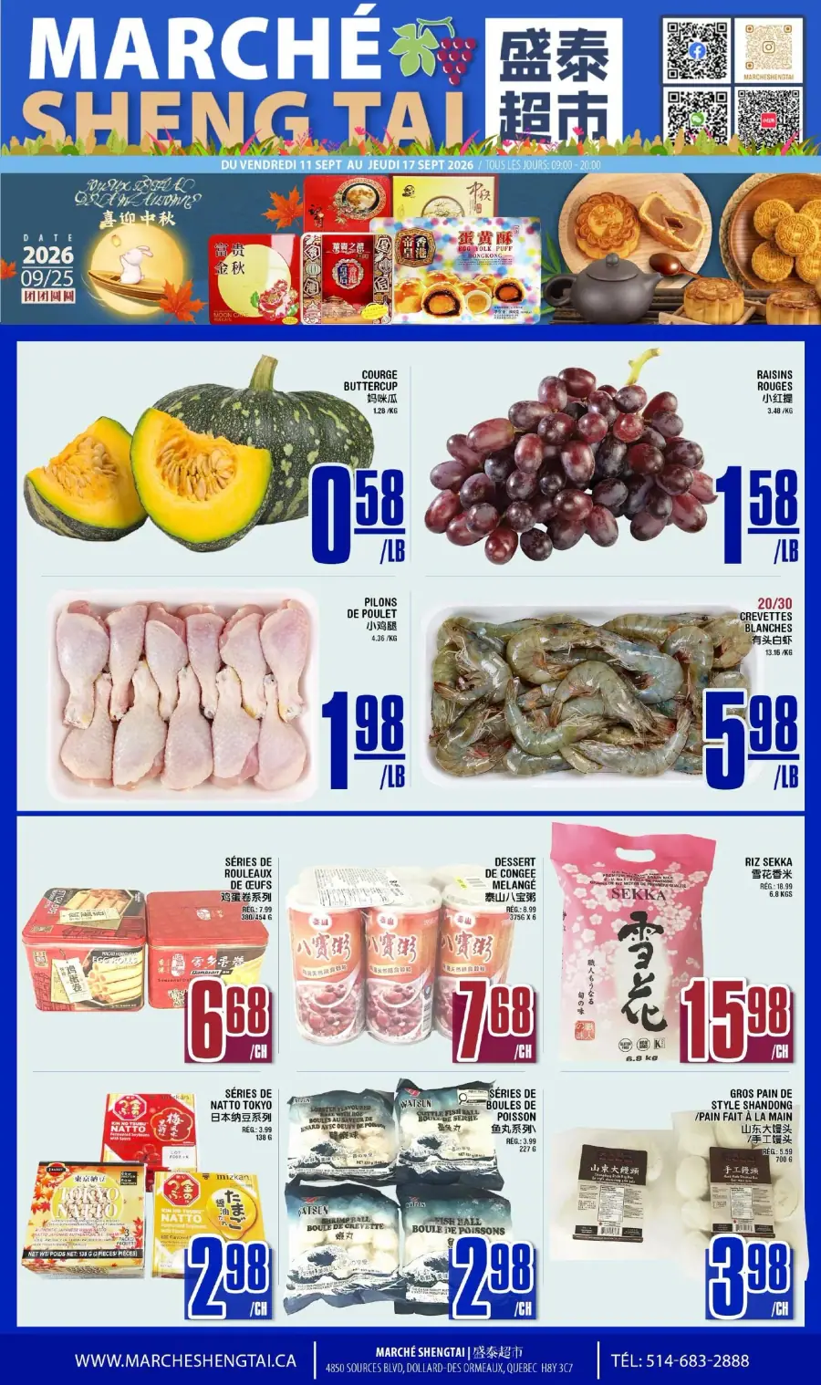 La page de couverture de la circulaire du Marché Sheng Tai présente une ambiance colorée et accueillante, mettant en avant des produits frais et variés. On y trouve des légumes comme la courge butternut, des fruits tels que des raisins rouges, ainsi que des viandes et fruits de mer. Les promotions incluent des pilons de poulet et des crevettes blanches, tandis que des produits asiatiques comme des rouleaux de printemps et du riz sont également mis en avant.