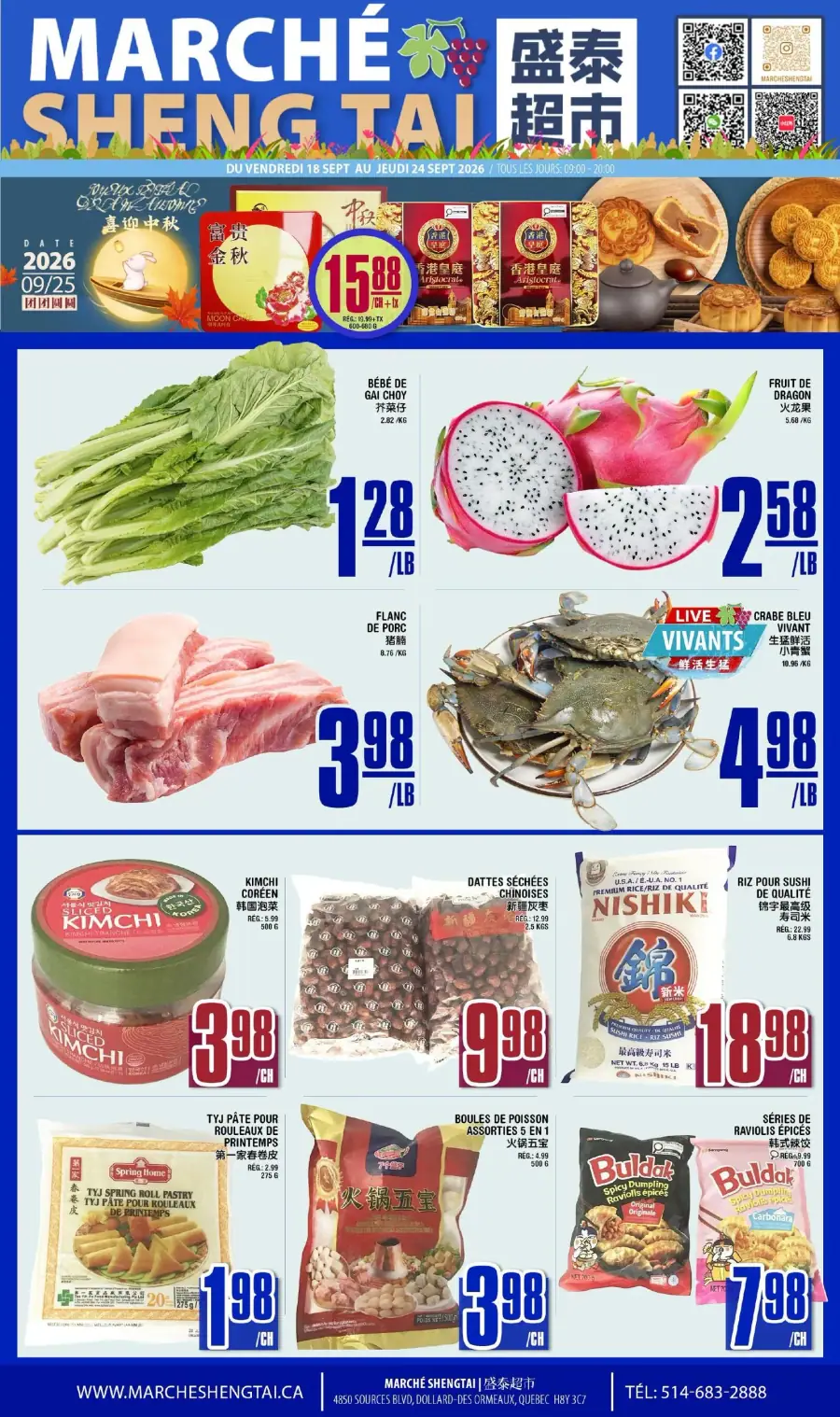 La page de couverture de la circulaire du Marché Sheng Tai présente une ambiance colorée et dynamique, mettant en avant une variété de produits frais et asiatiques. On y trouve des légumes comme le bébé de gai choy, des fruits exotiques tels que le fruit du dragon, ainsi que des viandes comme le flanc de porc. Les promotions incluent des articles comme le kimchi et des dattes séchées, avec des prix clairement affichés. Cette mise en page attire l'œil et invite à découvrir davantage d'offres.