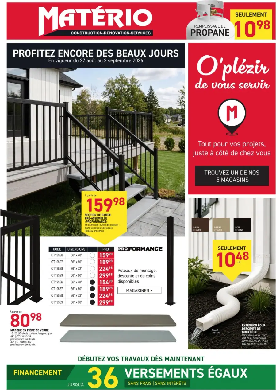 La page de couverture de la circulaire Matério présente une ambiance estivale, mettant en avant des produits de construction et de rénovation. On y trouve des sections de rampes pré-assemblées, des marches en fibre de verre et des extensions pour descentes de gouttières. Les promotions incluent des prix attractifs pour les rampes à partir de 159,98 $ et des options de financement avec 36 versements égaux. L'ensemble évoque un projet d'aménagement extérieur, idéal pour profiter des beaux jours.