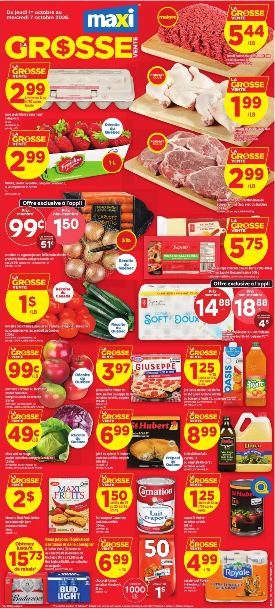 La page de couverture de la circulaire Maxi présente une ambiance dynamique et colorée, mettant en avant une variété de produits alimentaires. Les catégories incluent des viandes, des fruits, des légumes, des produits laitiers et des articles ménagers. Parmi les promotions notables, on trouve des cuisses de poulet à 1,99 $/lb, des fraises à 2,99 $ et du fromage à 5,75 $. Des offres exclusives à l'application sont également mises en avant.
