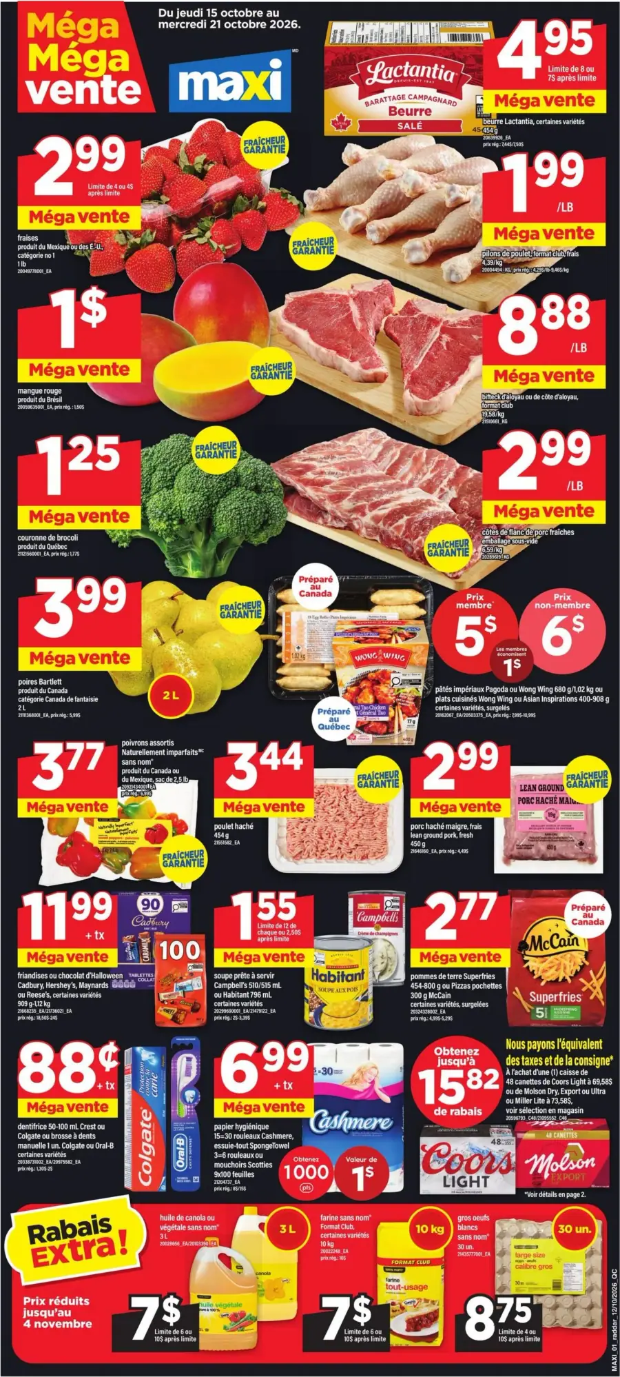 La page de couverture de la circulaire Maxi présente une ambiance dynamique et colorée, mettant en avant une variété de produits alimentaires. On y trouve des fruits frais comme des fraises et des mangues, ainsi que des viandes telles que des pilons de poulet et des côtes de porc. Les promotions sont bien mises en avant, avec des offres spéciales sur des articles comme le beurre et des plats préparés. Des catégories variées, allant des produits laitiers aux légumes, sont également visibles, attirant l'attention des consommateurs.