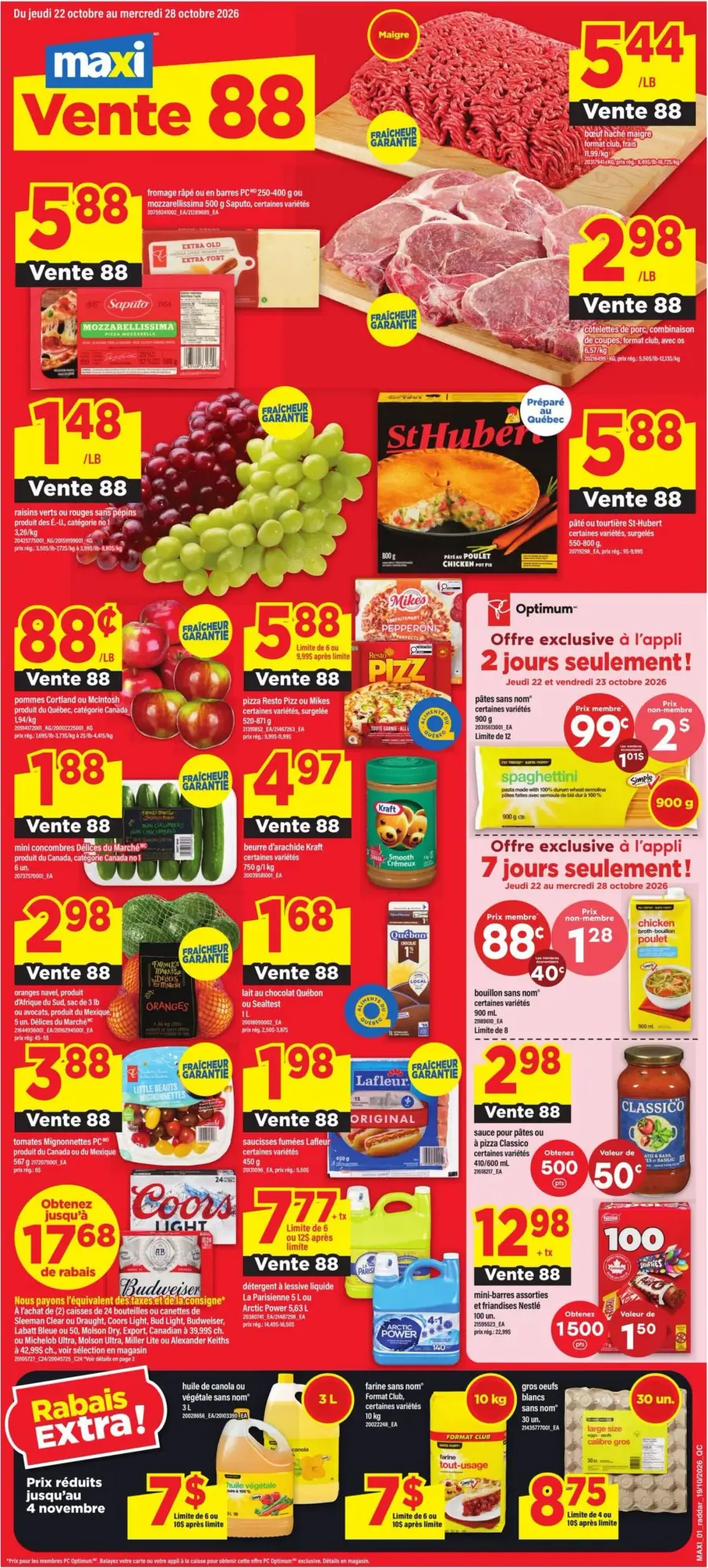 La page de couverture de la circulaire Maxi présente une ambiance dynamique et colorée, mettant en avant une variété de produits alimentaires. Les catégories incluent des viandes, des produits laitiers, des fruits et légumes, ainsi que des articles de ménage. Parmi les promotions notables, on trouve du bœuf haché maigre, des raisins, et des pizzas, tous à des prix attractifs. Les offres sont clairement affichées, attirant l'attention sur les économies possibles.