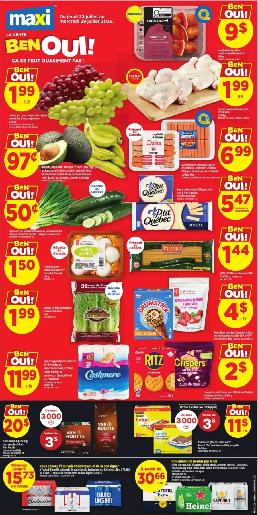 La page de couverture de la circulaire Maxi présente une ambiance dynamique et colorée, mettant en avant une variété de produits alimentaires. On y trouve des fruits frais comme des raisins et des avocats, ainsi que des viandes, notamment des brochettes et des cuisses de poulet. Les promotions sont bien visibles, avec des prix attractifs sur des articles tels que les pâtes Primo et le papier hygiénique Cashmere. Des produits du Québec sont également mis en avant, soulignant l'importance de l'approvisionnement local.