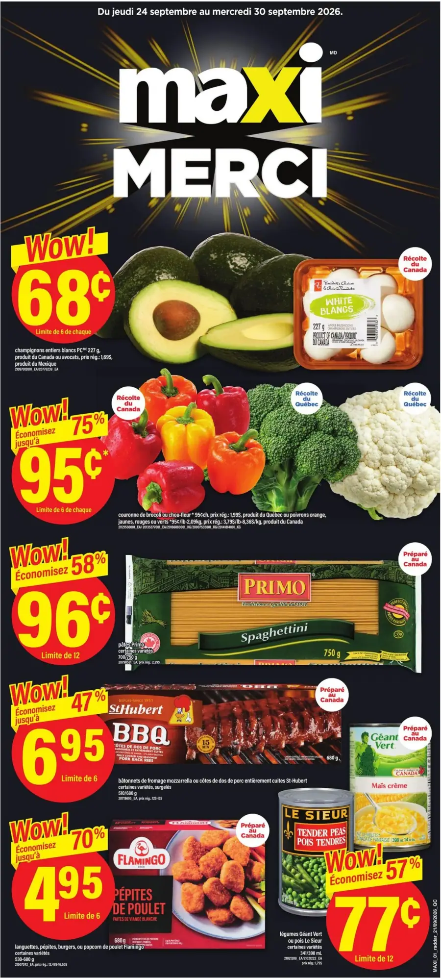 La page de couverture de la circulaire Maxi présente une ambiance dynamique et colorée, mettant en avant des produits frais et variés. On y trouve des fruits et légumes, comme des avocats et des poivrons, ainsi que des pâtes et des viandes. Les promotions sont marquées par des encadrés rouges, avec des économies allant jusqu'à 75 % sur certains articles. Des exemples incluent des champignons à 68 ¢ et des pépites de poulet à 4,95 $.