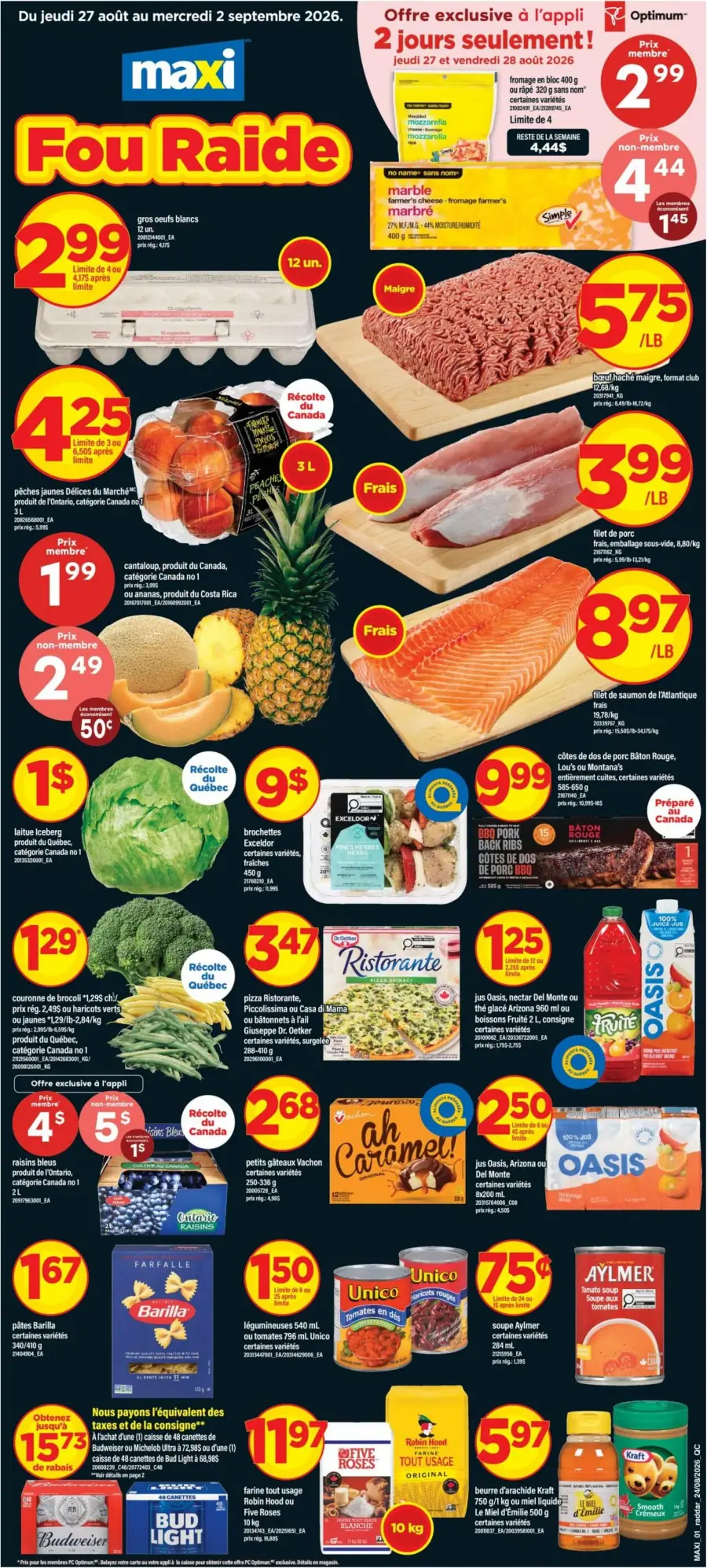 La page de couverture de la circulaire Maxi présente une ambiance dynamique et colorée, mettant en avant une variété de produits alimentaires. On y trouve des promotions sur des articles frais comme des œufs, de la viande hachée et des fruits tels que des ananas et des pêches. Les offres incluent des prix réduits sur des produits comme le saumon et des brochettes. Des promotions exclusives à l'application sont également mises en avant, attirant l'attention sur des économies potentielles.