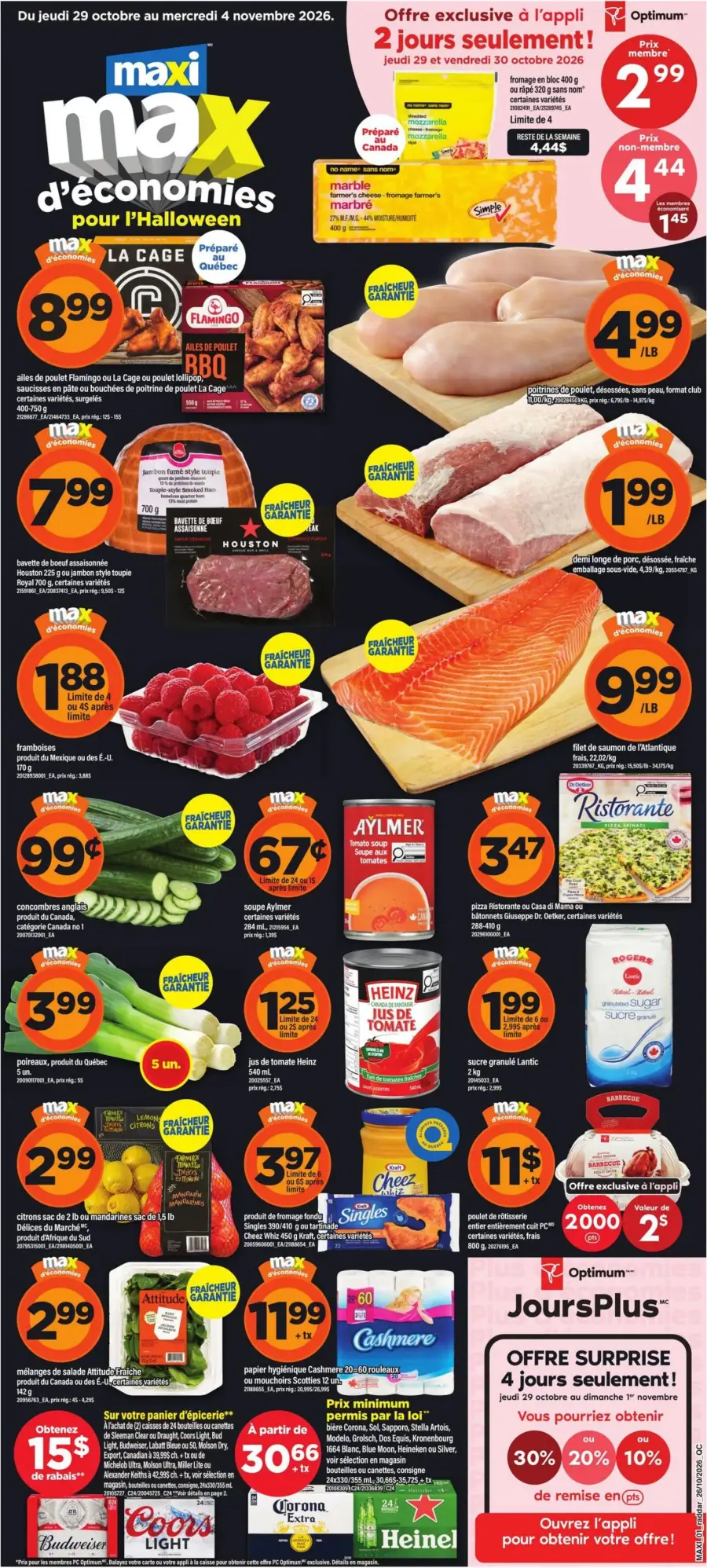 La page de couverture de la circulaire Maxi présente une ambiance festive pour l'Halloween, avec des produits alimentaires variés. On y trouve des viandes comme des ailes de poulet et du saumon, des fruits tels que des framboises, ainsi que des légumes frais comme des concombres. Les promotions incluent des offres spéciales sur des produits laitiers et des soupes. Les prix sont clairement affichés, mettant en avant des économies sur une sélection de produits essentiels.