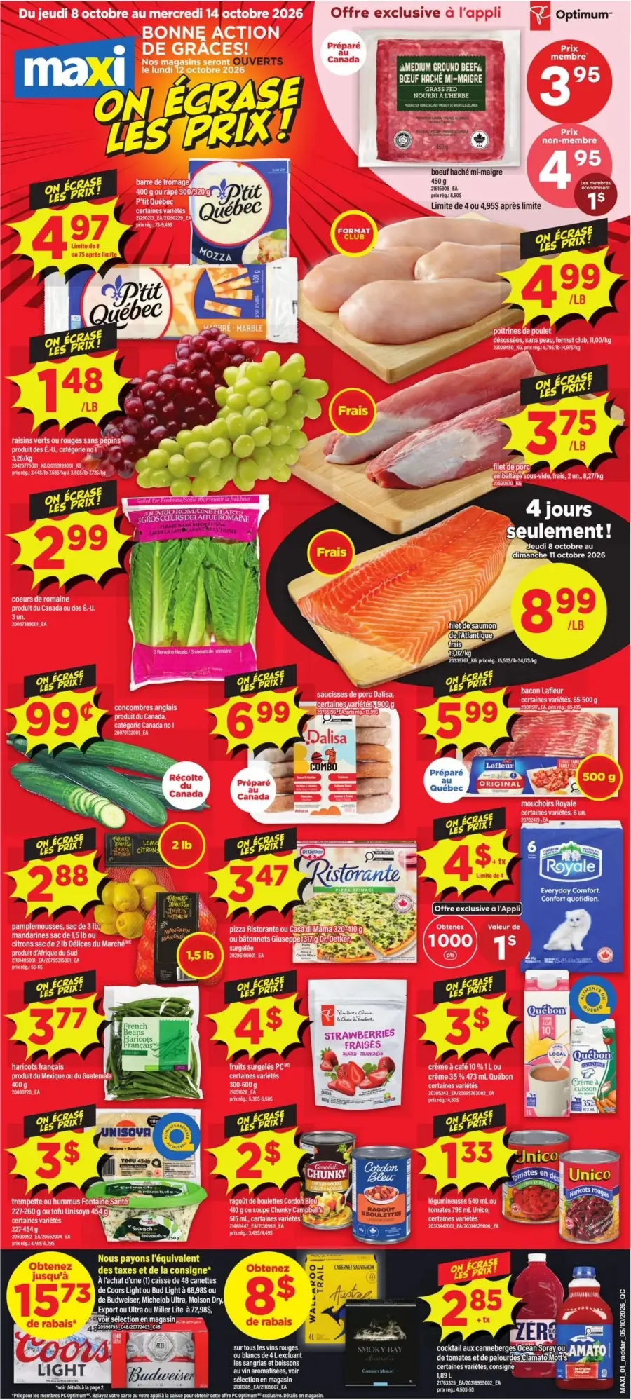 La page de couverture de la circulaire Maxi présente une ambiance dynamique et colorée, mettant en avant une variété de produits alimentaires. On y trouve des viandes comme le bœuf haché et le poulet, ainsi que des fruits frais tels que des raisins et des pommes. Les légumes, notamment des cœurs de romaine et des concombres, sont également en vedette. Plusieurs promotions sont mises en avant, comme des offres exclusives à l'application et des rabais sur des articles variés, créant un attrait pour les consommateurs.