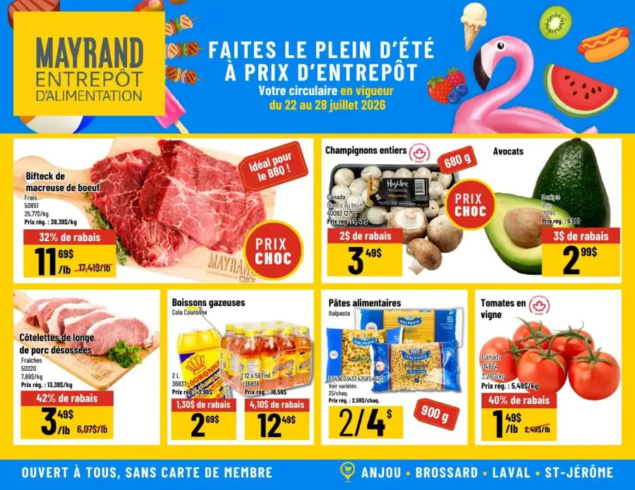 La page de couverture de la circulaire Mayrand présente une ambiance estivale et colorée, mettant en avant des produits frais et variés. Les catégories de produits incluent des viandes, des légumes, des fruits et des boissons. Parmi les promotions notables, on trouve le bifteck de macreuse de boeuf à 11,69 $/lb, les avocats à 2,99 $ chacun, et des champignons à 3,49 $ pour 680 g, tous accompagnés de rabais attractifs.
