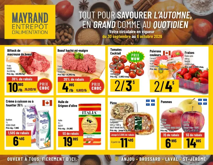 La page de couverture de la circulaire Mayrand présente une ambiance automnale chaleureuse, avec des couleurs chaudes et des éléments visuels évoquant la saison. Les catégories de produits mises en avant incluent les viandes, les fruits et légumes, ainsi que des produits laitiers. Parmi les promotions importantes, on note le bifteck de macreuse de boeuf à 10,99 $ avec 39 % de rabais, et les tomates cocktail à 2/3 $. Les offres sont clairement visibles, attirant l'attention sur des choix variés pour les repas quotidiens.