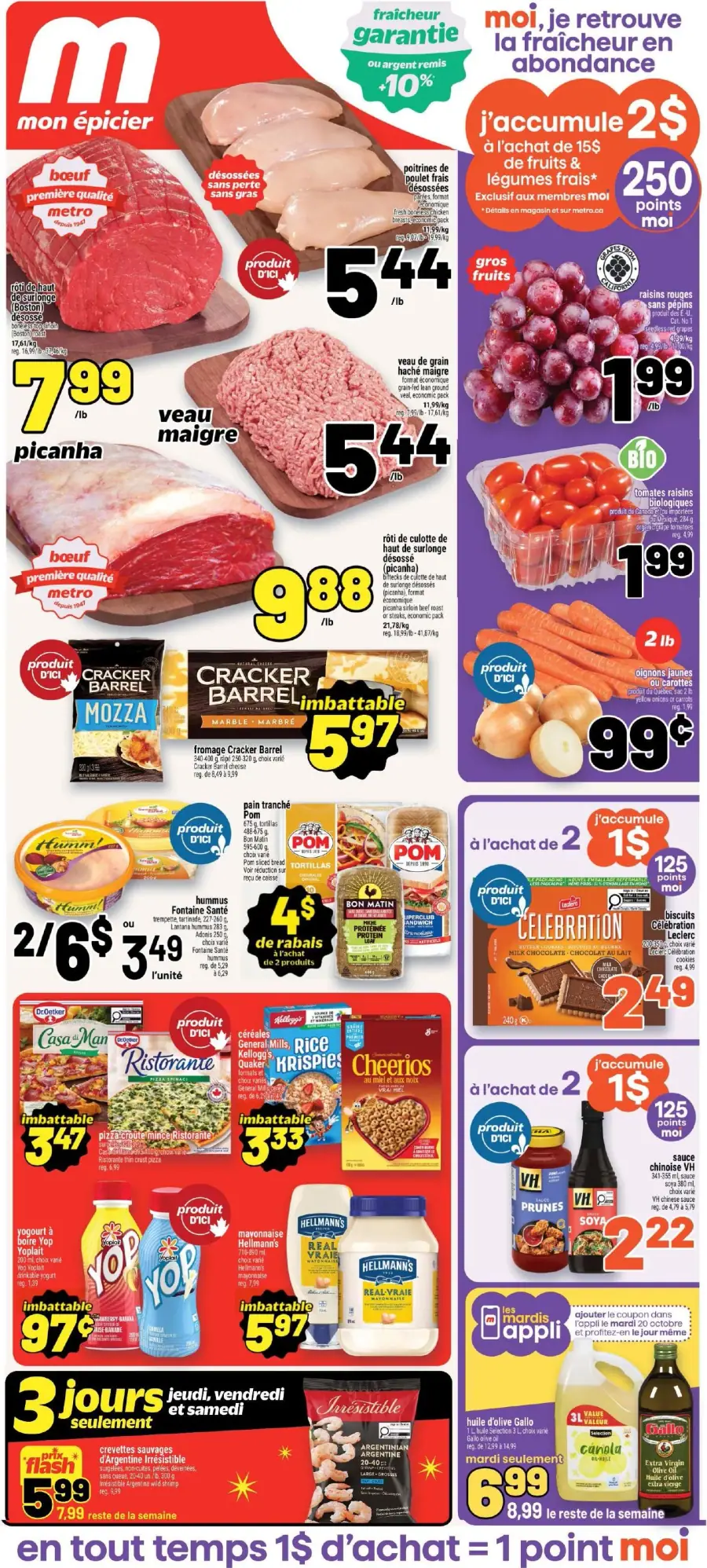 La page de couverture de la circulaire Metro présente une ambiance colorée et dynamique, mettant en avant des produits frais et de qualité. On y trouve des viandes comme le boeuf et le poulet, ainsi que des fruits et légumes, incluant des tomates et des carottes. Les promotions notables incluent des rabais sur le fromage Cracker Barrel et des offres spéciales sur les fruits biologiques. Des incitations à accumuler des points sont également mises en avant, attirant l’attention sur les économies possibles.