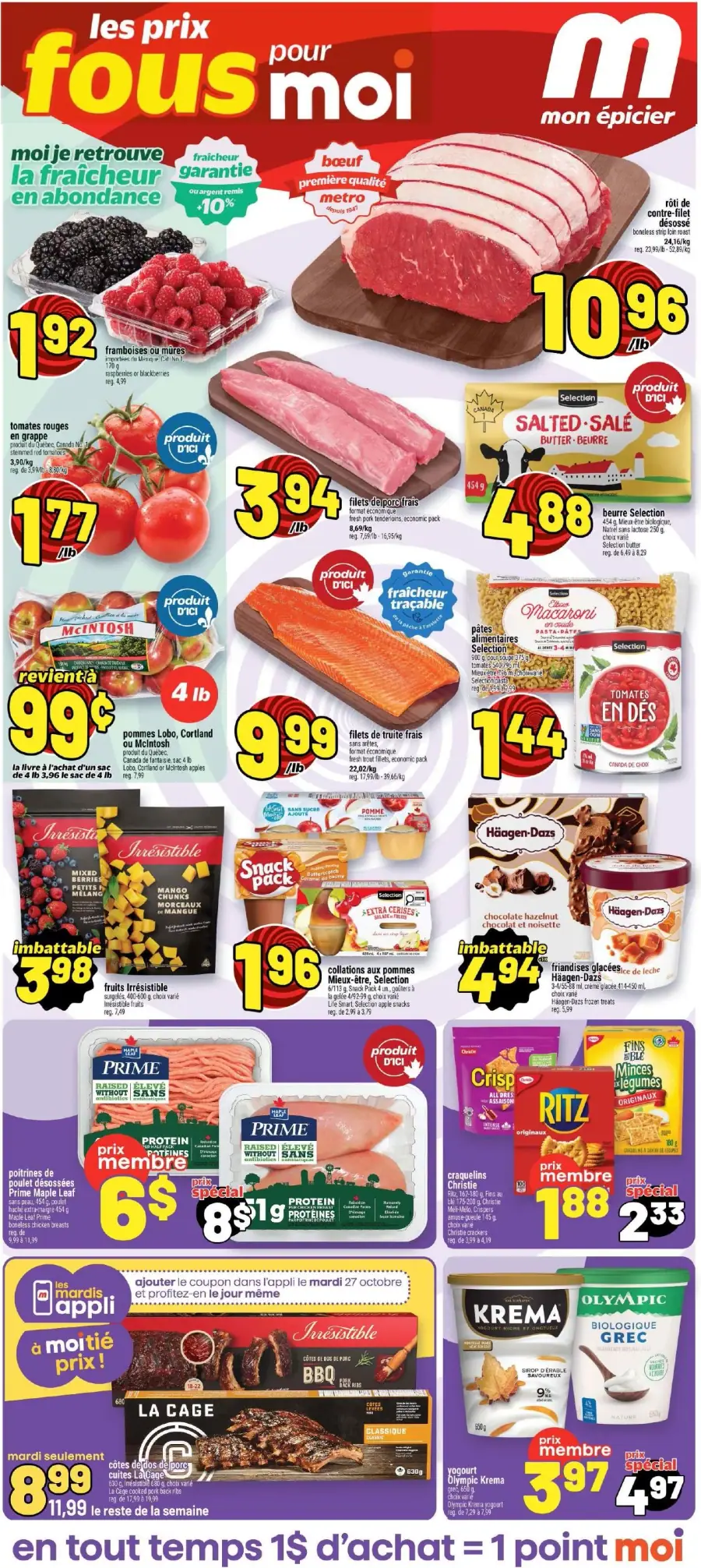 La page de couverture de la circulaire Metro présente une ambiance dynamique et colorée, mettant en avant une variété de produits frais. On y trouve des fruits comme des framboises et des tomates, des viandes telles que des filets de porc et de truite, ainsi que des produits laitiers comme le beurre et le yogourt. Les promotions incluent des prix spéciaux sur les poitrines de poulet et des offres immanquables sur les glaces Häagen-Dazs.