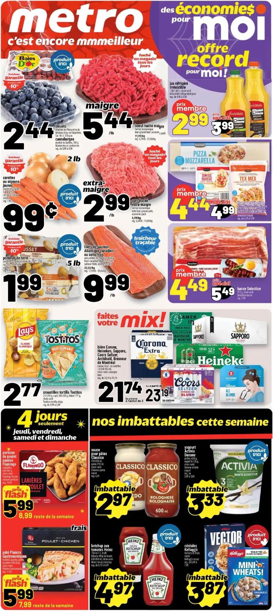 La page de couverture de la circulaire Metro présente une ambiance dynamique et colorée, mettant en avant divers produits alimentaires. On y trouve des catégories telles que la viande, les fruits et légumes, ainsi que des produits laitiers et des collations. Parmi les promotions visibles, on note le boeuf haché maigre à 5,44 $/lb, des bleuets à 2,44 $ et des filets de saumon à 9,99 $/lb. Les offres spéciales incluent également des produits de marque comme le ketchup Heinz et des sauces Classico.