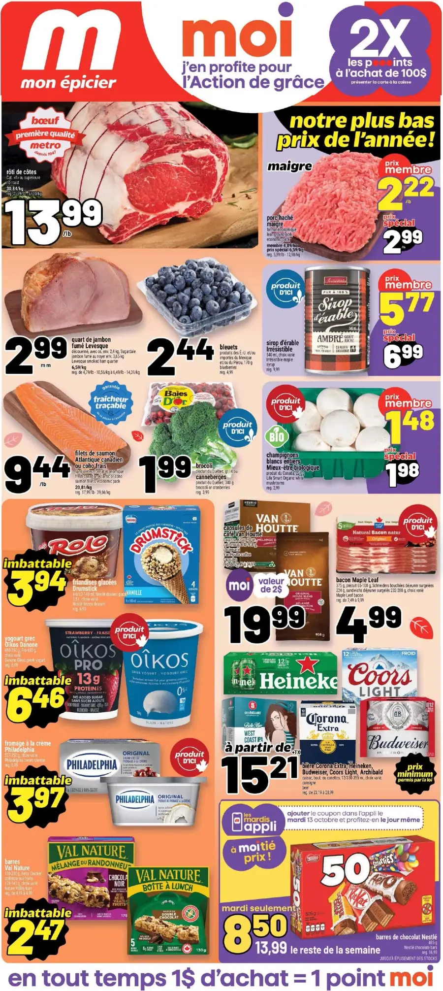 La page de couverture de la circulaire Metro présente une ambiance festive pour l'Action de grâce, avec une mise en avant de produits frais et de qualité. On y trouve des viandes comme le rôti de côtes et le porc haché, des fruits tels que les bleuets, ainsi que des légumes comme le brocoli. Les promotions incluent des prix spéciaux sur le sirop d'érable et des offres imbattables sur divers produits laitiers et collations.