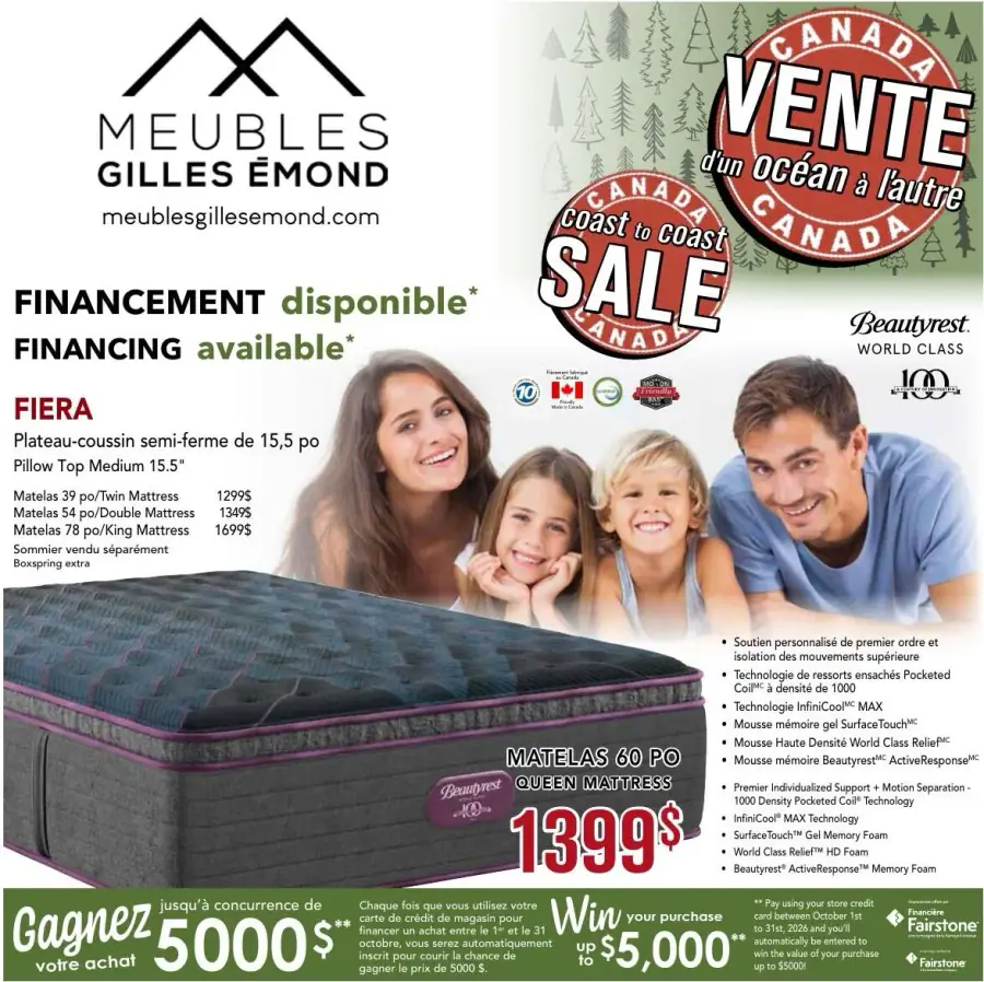 La page de couverture de la circulaire Meubles Gilles Émond présente une ambiance conviviale et familiale, mettant en avant des matelas de la marque Beautyrest. On y trouve des catégories de produits comme les matelas simples, doubles et king, avec des exemples tels que le matelas Fiera et des promotions attractives, notamment un concours permettant de gagner jusqu'à 5000 $. Les options de financement sont également mises en avant.