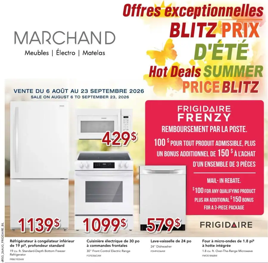 La page de couverture de la circulaire Meubles Marchand présente une ambiance dynamique et estivale, mettant en avant des appareils électroménagers. On y trouve des réfrigérateurs, cuisinières, lave-vaisselle et micro-ondes, avec des prix affichés pour chaque produit. Les promotions incluent un remboursement par la poste avec des incitatifs pour l'achat de produits admissibles, ainsi qu'un bonus pour l'achat d'un ensemble de trois pièces. Les couleurs vives et les titres accrocheurs soulignent les offres exceptionnelles.