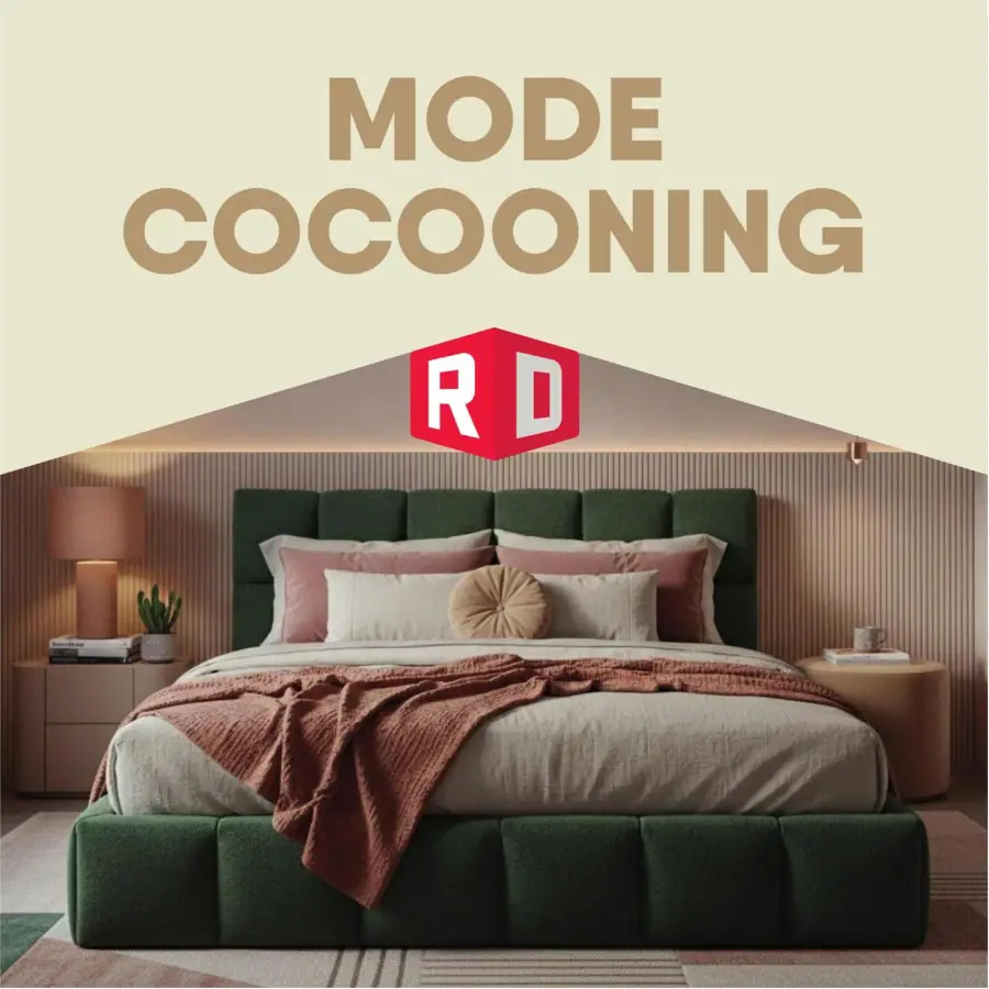 La page de couverture de la circulaire Meubles RD présente une ambiance chaleureuse et accueillante, centrée sur le thème du cocooning. On y voit un lit moderne avec une tête de lit verte, agrémenté de coussins et d'une couverture en tricot. Les catégories de produits mises en avant incluent les meubles de chambre à coucher et les accessoires de décoration. Les promotions visibles soulignent des offres spéciales sur les ensembles de literie et les meubles assortis, invitant à créer un espace confortable et stylé.